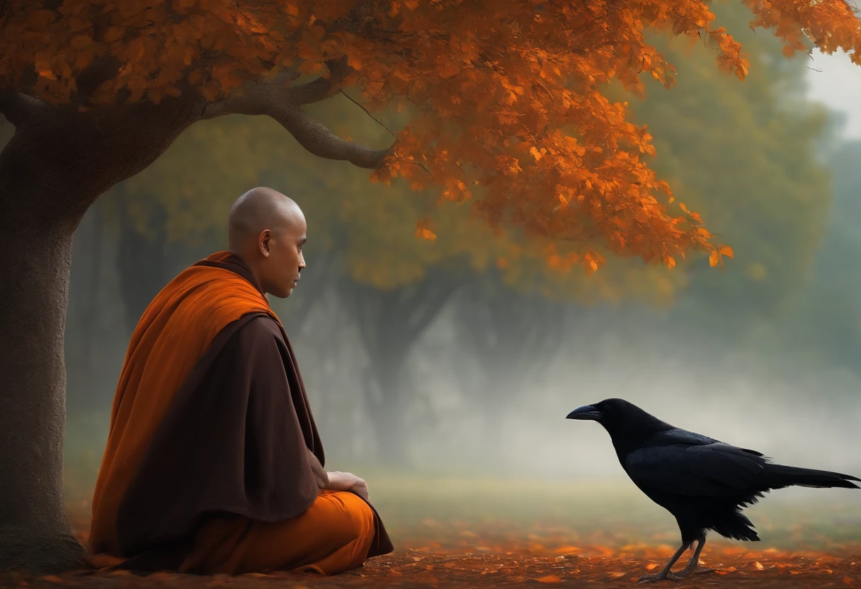 Realistic image of a monk centered under a tree the monk is a wise lord and talking to a sad crow