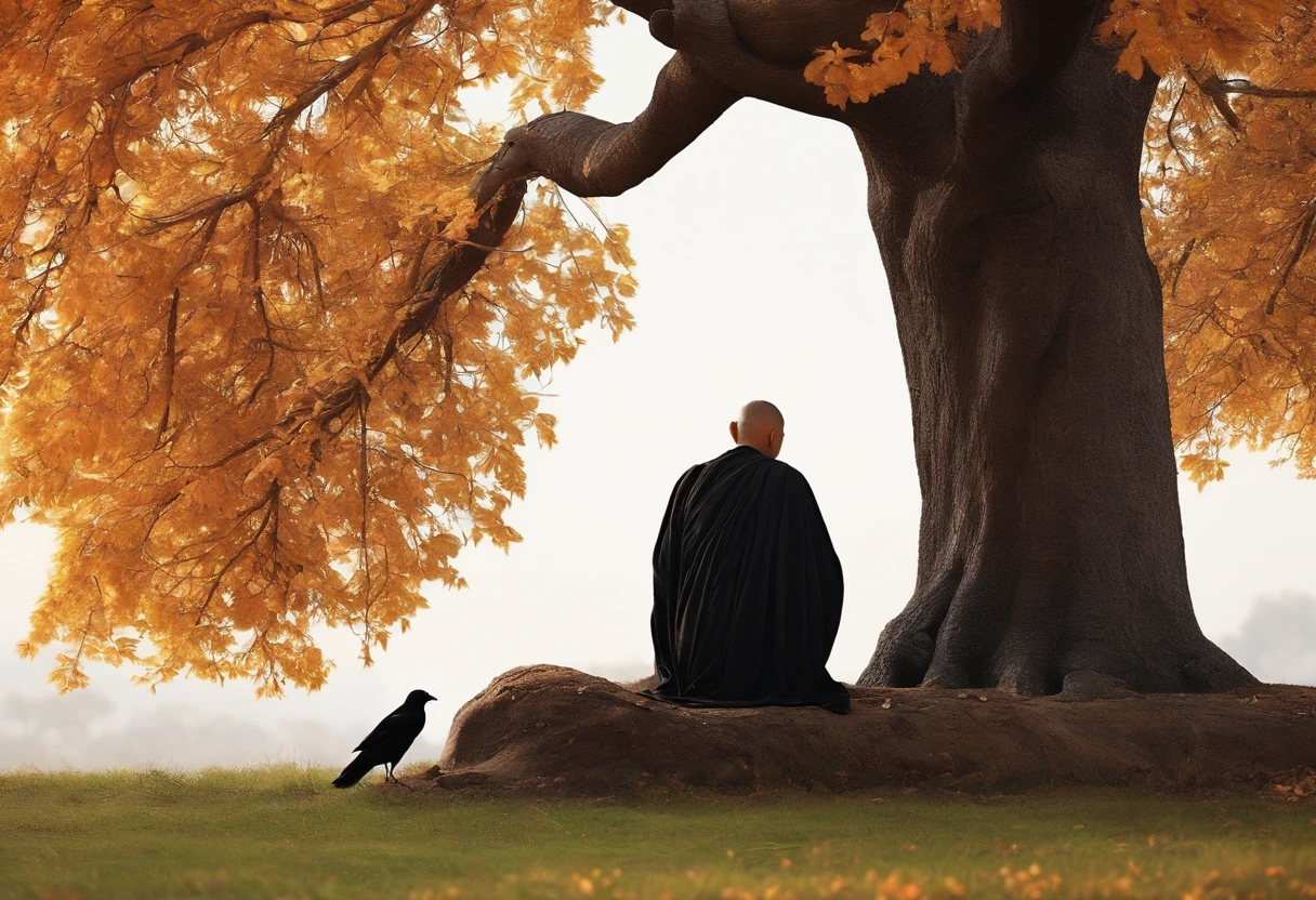 Realistic image of a monk centered under a tree the monk is a wise lord and talking to a sad crow