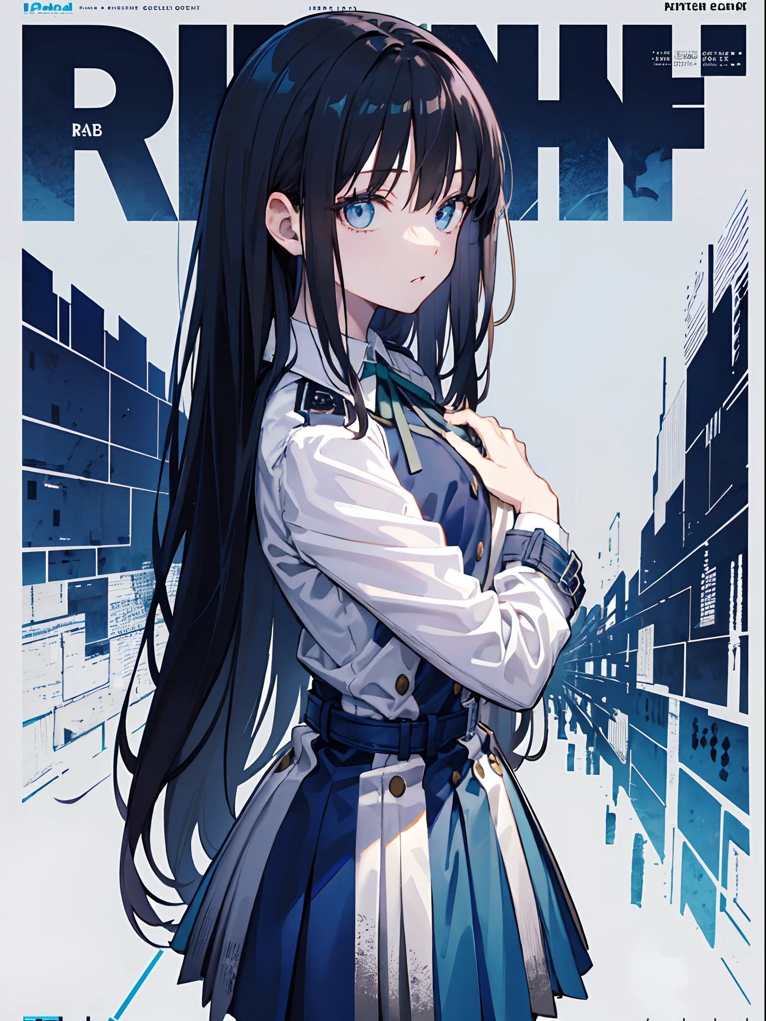 takinainoue, inoue takina, long hair, bangs, black hair, (purple eyes:1.2), BREAK shirt, long sleeves, dress, ribbon, school uniform, white shirt, collared shirt, belt, neck ribbon, blue dress, green ribbon, pleated dress, grey dress, two-tone dress, blue belt, lycoris uniform, BREAK outdoors, city, BREAK (masterpiece:1.2), best quality, high resolution, unity 8k wallpaper, (illustration:0.8), (beautiful detailed eyes:1.6), extremely detailed face, perfect lighting, extremely detailed CG, (perfect hands, perfect anatomy),masterpiece,(best quality),(1girl) ,solo,(high contrast:1.2),(high saturation:1.2), ((hands on the pocket)),((black and white sdress)),looking at viewer,((white and dark blue theme:1.3)),((white and dark blue background:1.5)),((walking:1.3)),full body,((from above:1.2)), (magazine:1.3), (cover-style:1.3), fashionable, woman, vibrant, outfit, posing, front, colorful, dynamic, background, elements, confident, expression, holding, statement, accessory, majestic, coiled, around, touch, scene, text, cover, bold, attention-grabbing, title, stylish, font, catchy, headline, larger, striking, modern, trendy, focus, fashion, The text is bold and attention-grabbing, with a catchy tagline that adds to the overall feeling of drama and excitement. The color palette is mainly dark with splashes of vibrant colors, giving the poster a dynamic and visually striking appearance,tachi-e (magazine:1.3), (cover-style:1.3),