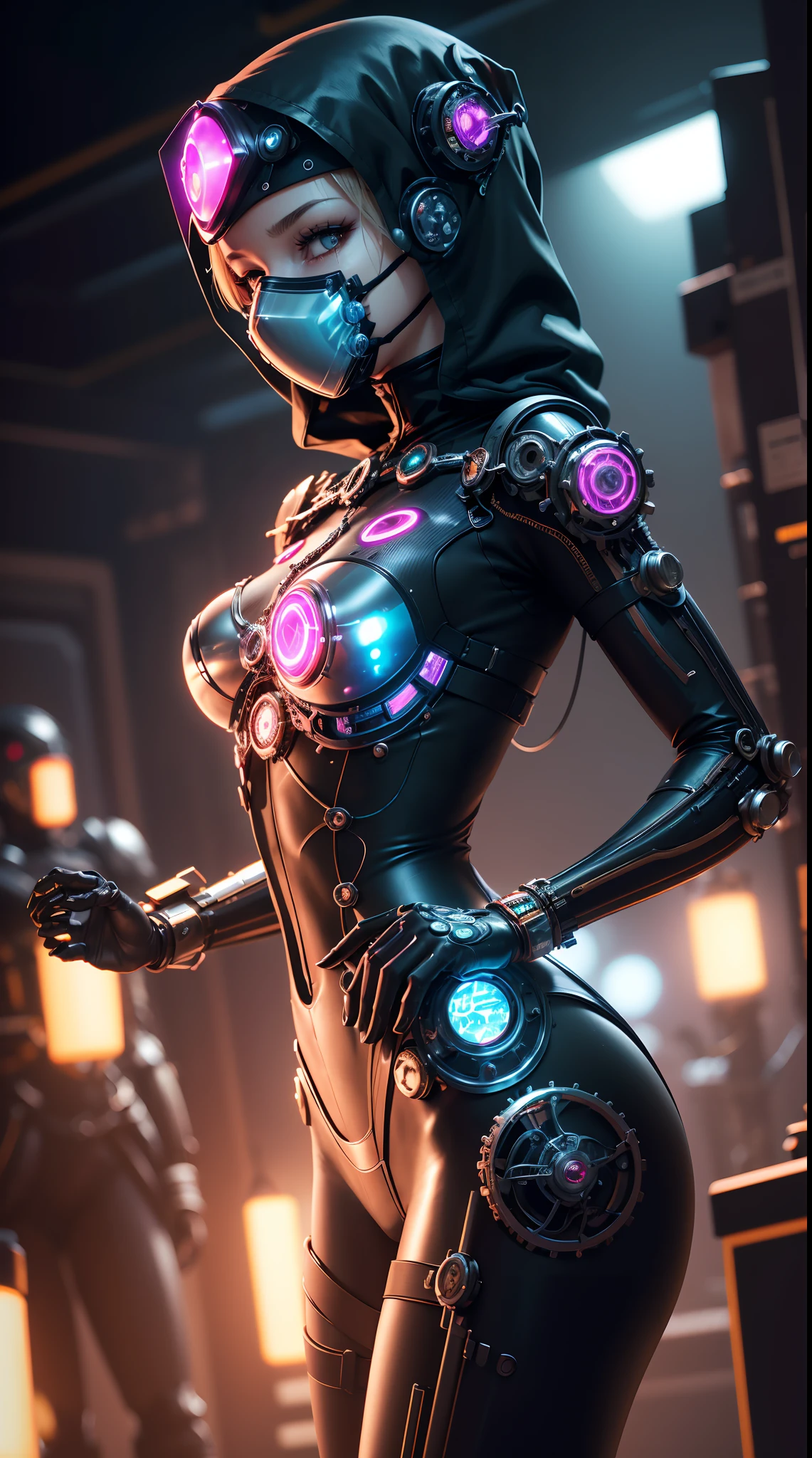 Topic prompts "Atomic heart, Mechanical girl" as follows: Atomic heart,Mechanical girl,(((Wear a glass mask that completely covers the face))),Shiny metal skin,Mechanical body parts,Mechanical gears and gears, [Meticulous, Surgical precision],Cyberpunk style background,Science fiction art style,Vibrant colors,High-res,Ultra-detailed,Realistic lighting effects,Bokeh.