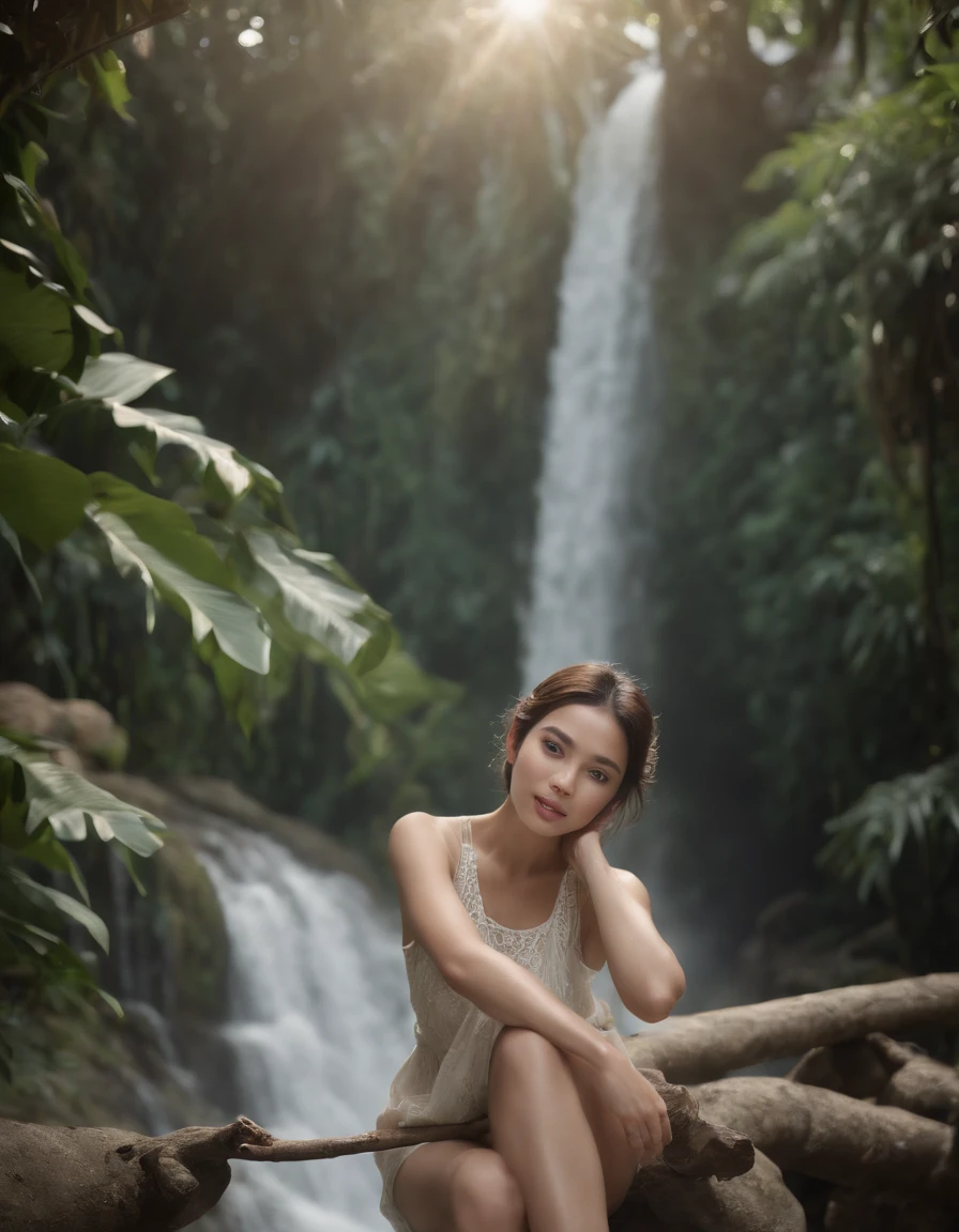 In a mystical world where waterfalls sing melodies of ancient times, a naked woman in an elegant gown finds herself amidst the enchanting scenery. With her identity concealed, she is drawn to the harmonious symphony of nature. Unravel the mystery of her identity and explore the magical elements that surround this enigmatic place. Realistic picture, high resolution 16k, super detail, 3d UHD