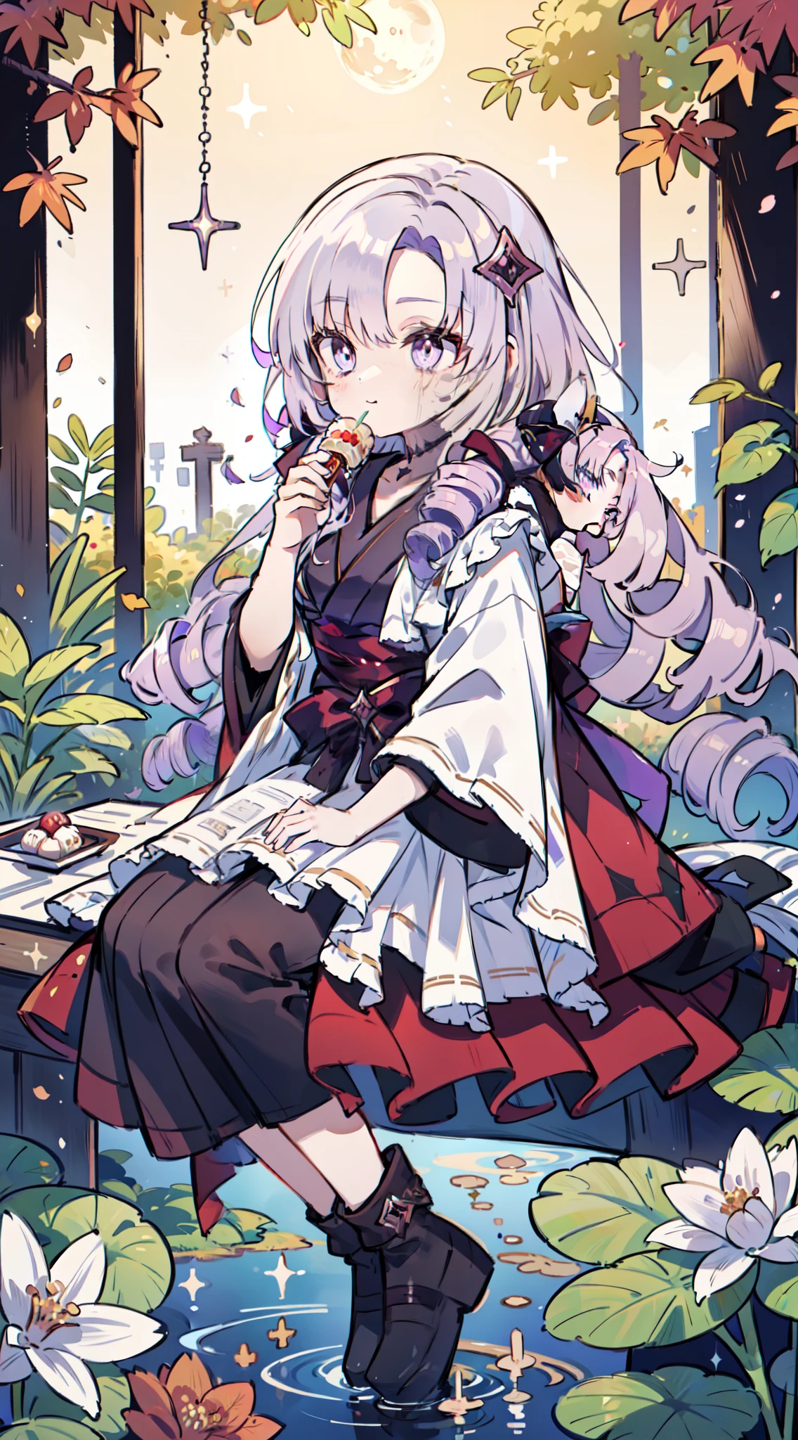 ((Ichihyakuman Tengen Salome)), A beautiful moonlit night. Japan garden with impressive autumn leaves and、Pond with floating autumn leaves. Woman in kimono eating tea sweets on porch overlooking garden. (She has lilac drill hair and purple eyes.), She has a beautiful face and brightly colored shining eyes. She wears a kimono with an intricate and beautiful pattern. Nice Japanese sweets. The moonlight reflects off the surface of the pond and glitters. Detailed drawing. Vivid colors. High image quality.