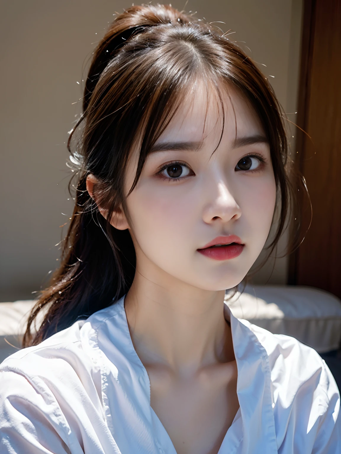 Close-up of a woman in a white shirt and ponytail, Realistic. Cheng Yi, beautiful Korean women, beautiful portrait image, gorgeous face portrait, Stunning anime face portrait, Korean girl, high quality portrait, beautiful delicate face, photorealistic beautiful face, Beautiful young Korean woman, Beautiful realistic face, cute delicate face, portrait cute-fine-face