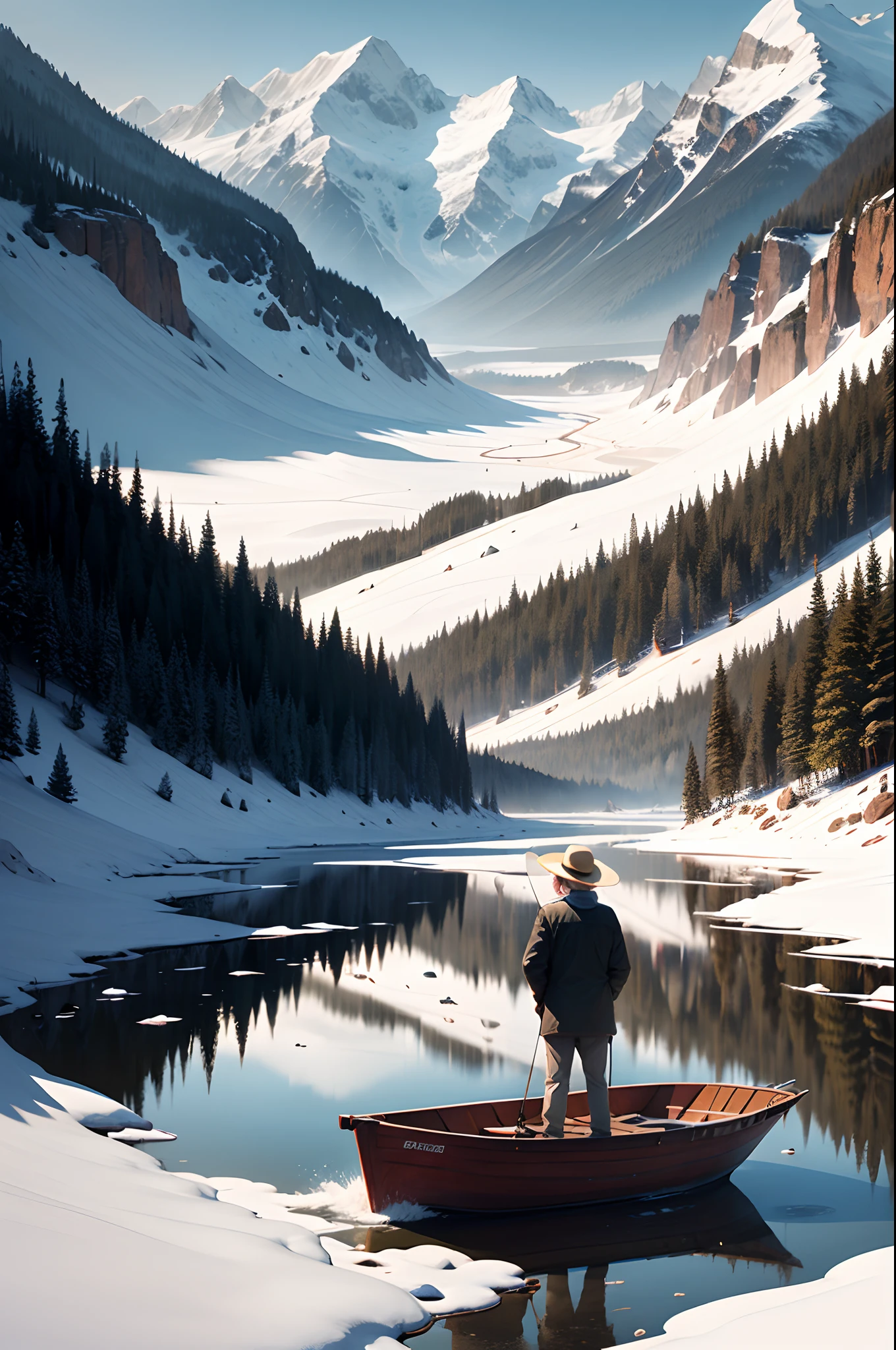All the mountains, The shadow of the bird disappeared, The trail of people. On a riverboat, An old man in a girl's hat, Fishing alone in the wind and snow.