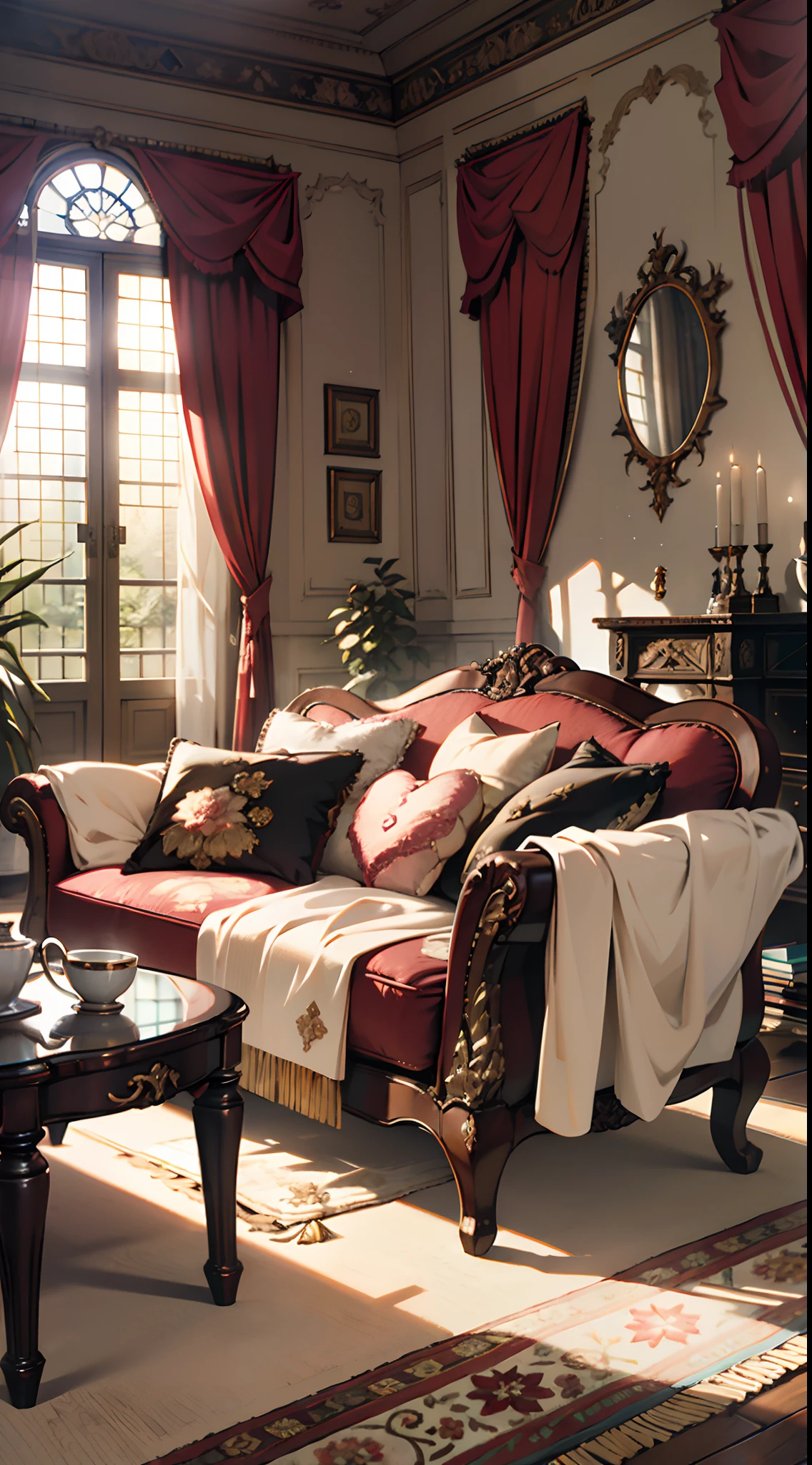 Photography, sofa, tea table, ( living room), curtains, waxy candles, decorations, wooden floor, carpet