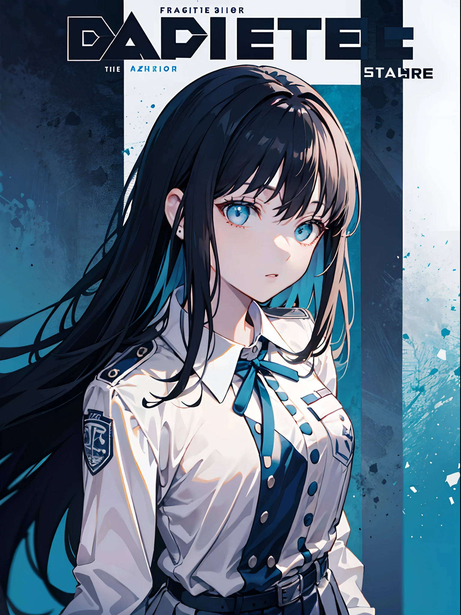 takinainoue, inoue takina, long hair, bangs, black hair, (purple eyes:1.2), BREAK shirt, long sleeves, dress, ribbon, school uniform, white shirt, collared shirt, belt, neck ribbon, blue dress, green ribbon, pleated dress, grey dress, two-tone dress, blue belt, lycoris uniform, BREAK outdoors, city, BREAK (masterpiece:1.2), best quality, high resolution, unity 8k wallpaper, (illustration:0.8), (beautiful detailed eyes:1.6), extremely detailed face, perfect lighting, extremely detailed CG, (perfect hands, perfect anatomy),masterpiece,(best quality),(1girl) ,solo,(high contrast:1.2),(high saturation:1.2), ((hands on the pocket)),((black and white sdress)),looking at viewer,((white and dark blue theme:1.3)),((white and dark blue background:1.5)),((walking:1.3)),full body,((from above:1.2)), (magazine:1.3), (cover-style:1.3), fashionable, woman, vibrant, outfit, posing, front, colorful, dynamic, background, elements, confident, expression, holding, statement, accessory, majestic, coiled, around, touch, scene, text, cover, bold, attention-grabbing, title, stylish, font, catchy, headline, larger, striking, modern, trendy, focus, fashion, The text is bold and attention-grabbing, with a catchy tagline that adds to the overall feeling of drama and excitement. The color palette is mainly dark with splashes of vibrant colors, giving the poster a dynamic and visually striking appearance,tachi-e (magazine:1.3), (cover-style:1.3),