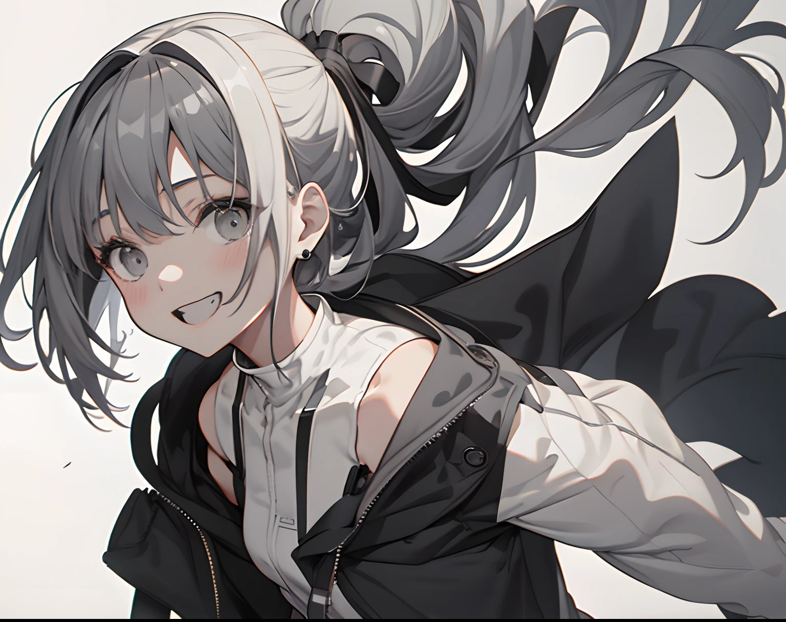 【Highest Quality, masutepiece】 [girl, Manteau, expressioness, Black eyes, front facing, Black hair, Walking, Upper body] (Gray white background:1.7), Smile with teeth