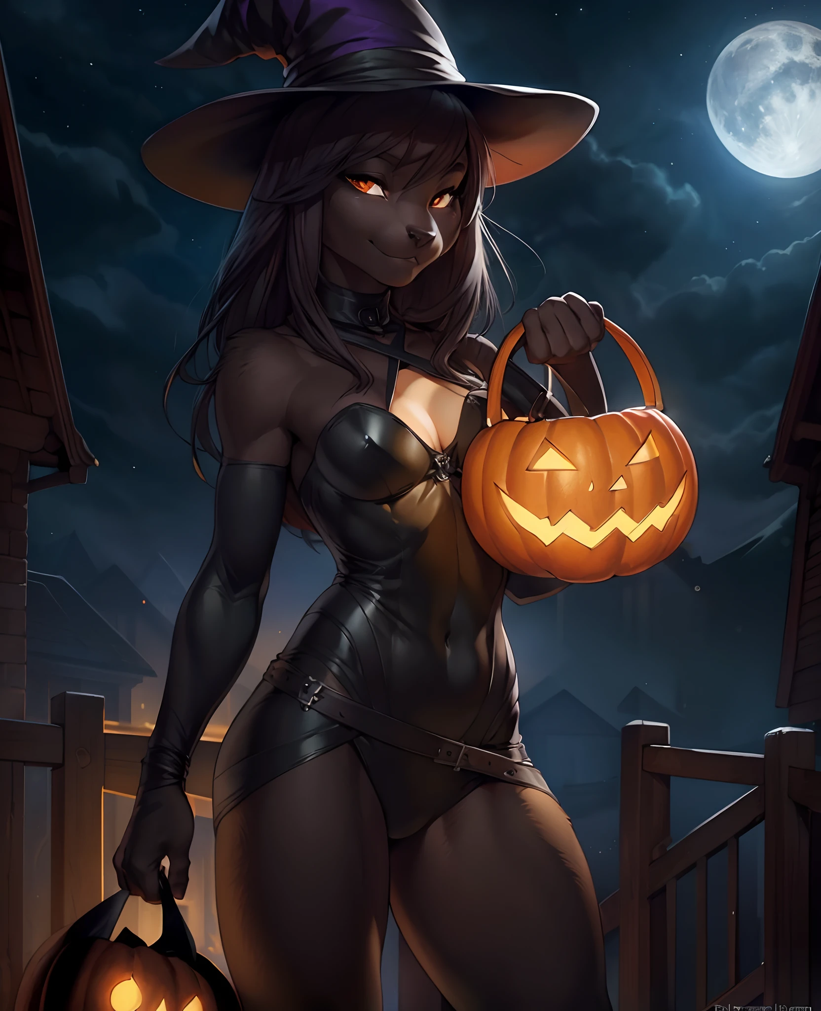 detailed background, a moonlit Halloween night with an enchanting atmosphere, a black cat dressed as a witch, (her sleek fur blending perfectly with the darkness), playfully teasing with every twist and turn, as she ventures from house to house, she embraces the spirit of "trick or treat" with a mischievous gleam in her eyes, masterpiece, by wayne barlowe, by iskra, by thebigslick, by darkgem, by oona,