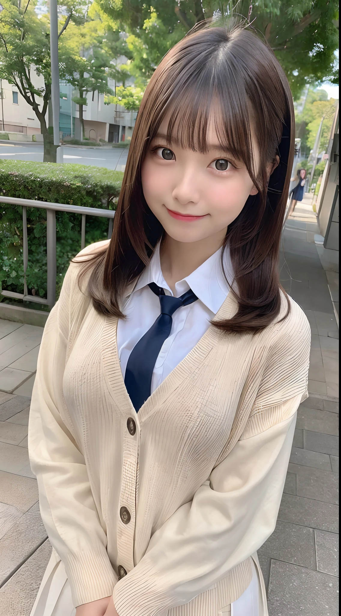 ((A smile:1.2))8K, Raw photo, 超A high resolution, Best Quality,(photos realistic:1.5), (Highly detailed CG Unity 8k wallpaper),1girl in,(18year old),japanaese girl,hair blowing in wind,Hyper Detail Hair,medium breasts,(up of face:1.3),(School Uniforms:1.2),eye line,Shirt that opens the second button,Simple Necklace,Beige cardigan