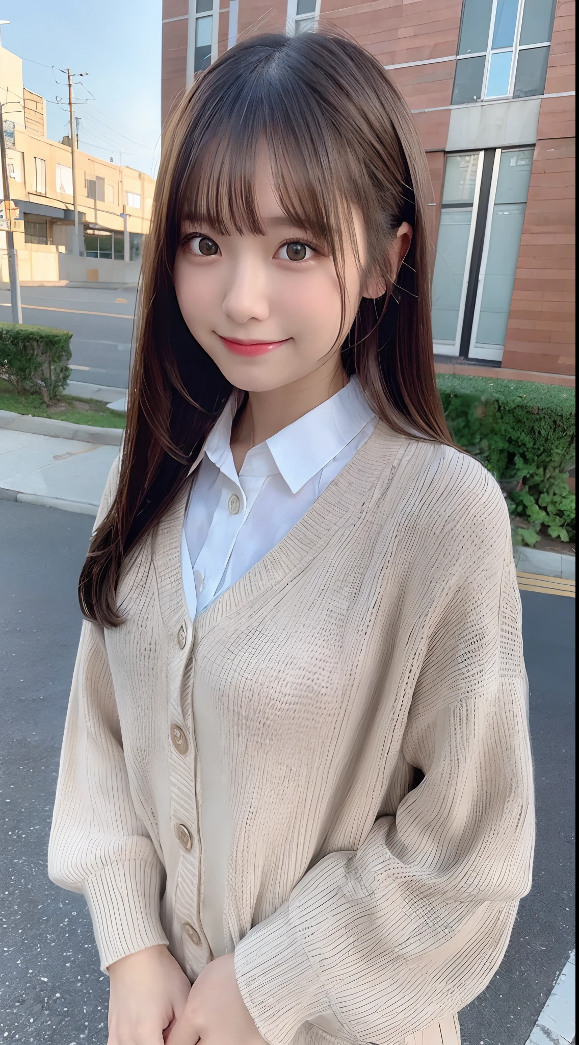 ((A smile:1.2))8K, Raw photo, 超A high resolution, Best Quality,(photos realistic:1.5), (Highly detailed CG Unity 8k wallpaper),1girl in,(18year old),japanaese girl,hair blowing in wind,Hyper Detail Hair,medium breasts,(up of face:1.3),(School Uniforms:1.2),eye line,Shirt that opens the second button,Simple Necklace,Beige cardigan