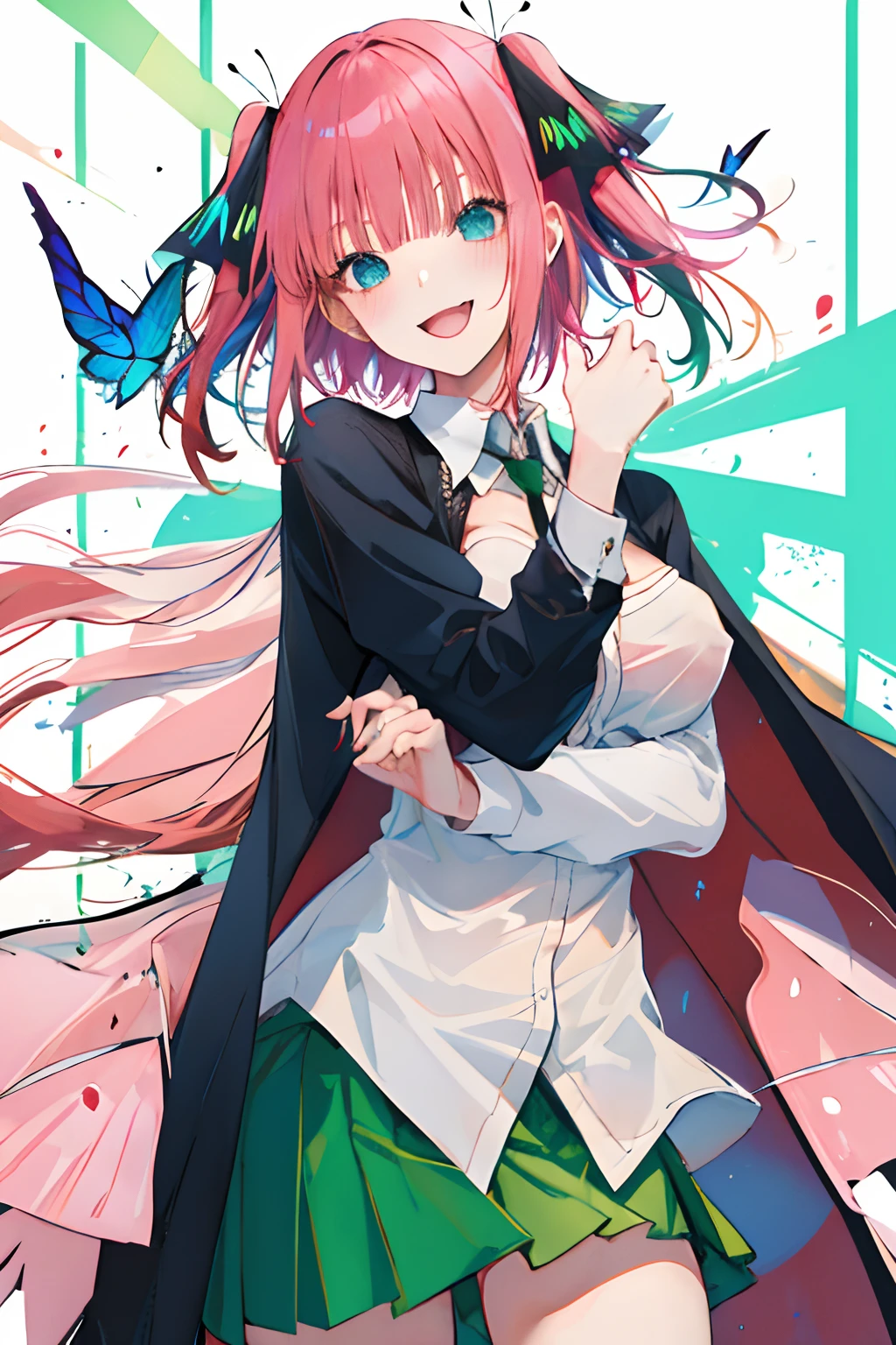 NSFW,show off nipple,The Bride of Fifths,Jino Nakano,Breast,Twin-tailed,Black long cardigan,open cardigan,whiteshirt,Light green skirt,white thighhig, Open jacket, short pink red hair,Long black-green butterfly hair ornament with twin tails.,Tsundere,Blue eyes,Evil smile,Top image quality,Best Quality
