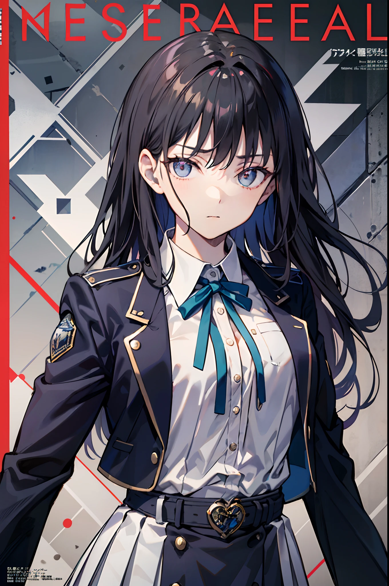 takinainoue, inoue takina, long hair, bangs, black hair, (purple eyes:1.2), BREAK shirt, long sleeves, dress, ribbon, school uniform, white shirt, collared shirt, belt, neck ribbon, blue dress, green ribbon, pleated dress, grey dress, two-tone dress, blue belt, lycoris uniform, BREAK outdoors, city, BREAK (masterpiece:1.2), best quality, high resolution, unity 8k wallpaper, (illustration:0.8), (beautiful detailed eyes:1.6), extremely detailed face, perfect lighting, extremely detailed CG, (perfect hands, perfect anatomy),((((dramatic))), (((gritty))), (((intense))) film poster featuring a young woman as the central character. She stands confidently in the center of the poster, wearing a stylish and edgy outfit, with a determined expression on her face. The background is light and gritty, with a sense of danger and intensity. The text is bold and attention-grabbing, with a catchy tagline that adds to the overall feeling of drama and excitement. The color palette is mainly light with splashes of vibrant colors, giving the poster a dynamic and visually striking appearance,tachi-e (magazine:1.3), (cover-style:1.3), fashionable, woman, vibrant, outfit, posing, front, colorful, dynamic, background,