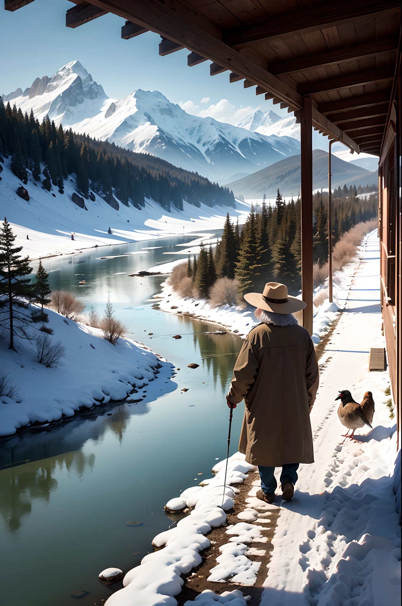 All the mountains, The shadow of the bird disappeared, The trail of people. On a riverboat, An old man in a girl's hat, Fishing alone in the wind and snow.