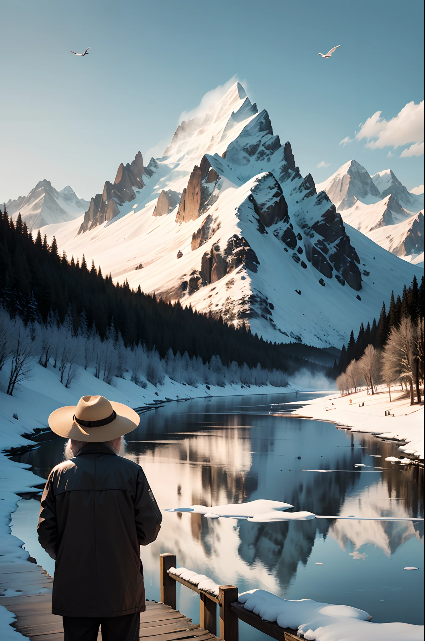 All the mountains, The shadow of the bird disappeared, The trail of people. On a riverboat, An old man in a girl's hat, Fishing alone in the wind and snow.