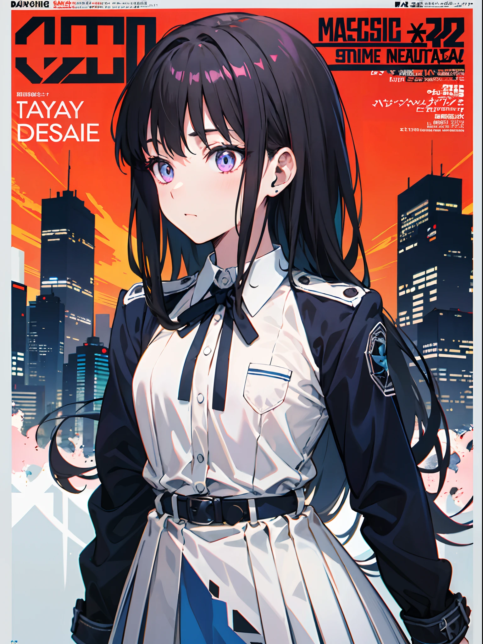 takinainoue, inoue takina, long hair, bangs, black hair, (purple eyes:1.2), BREAK shirt, long sleeves, dress, ribbon, school uniform, white shirt, collared shirt, belt, neck ribbon, blue dress, green ribbon, pleated dress, grey dress, two-tone dress, blue belt, lycoris uniform, BREAK outdoors, city, BREAK (masterpiece:1.2), best quality, high resolution, unity 8k wallpaper, (illustration:0.8), (beautiful detailed eyes:1.6), extremely detailed face, perfect lighting, extremely detailed CG, (perfect hands, perfect anatomy),((((dramatic))), (((gritty))), (((intense))) film poster featuring a young woman as the central character. She stands confidently in the center of the poster, wearing a stylish and edgy outfit, with a determined expression on her face. The background is light and gritty, with a sense of danger and intensity. The text is bold and attention-grabbing, with a catchy tagline that adds to the overall feeling of drama and excitement. The color palette is mainly light with splashes of vibrant colors, giving the poster a dynamic and visually striking appearance,tachi-e (magazine:1.3), (cover-style:1.3), fashionable, woman, vibrant, outfit, posing, front, colorful, dynamic, background,