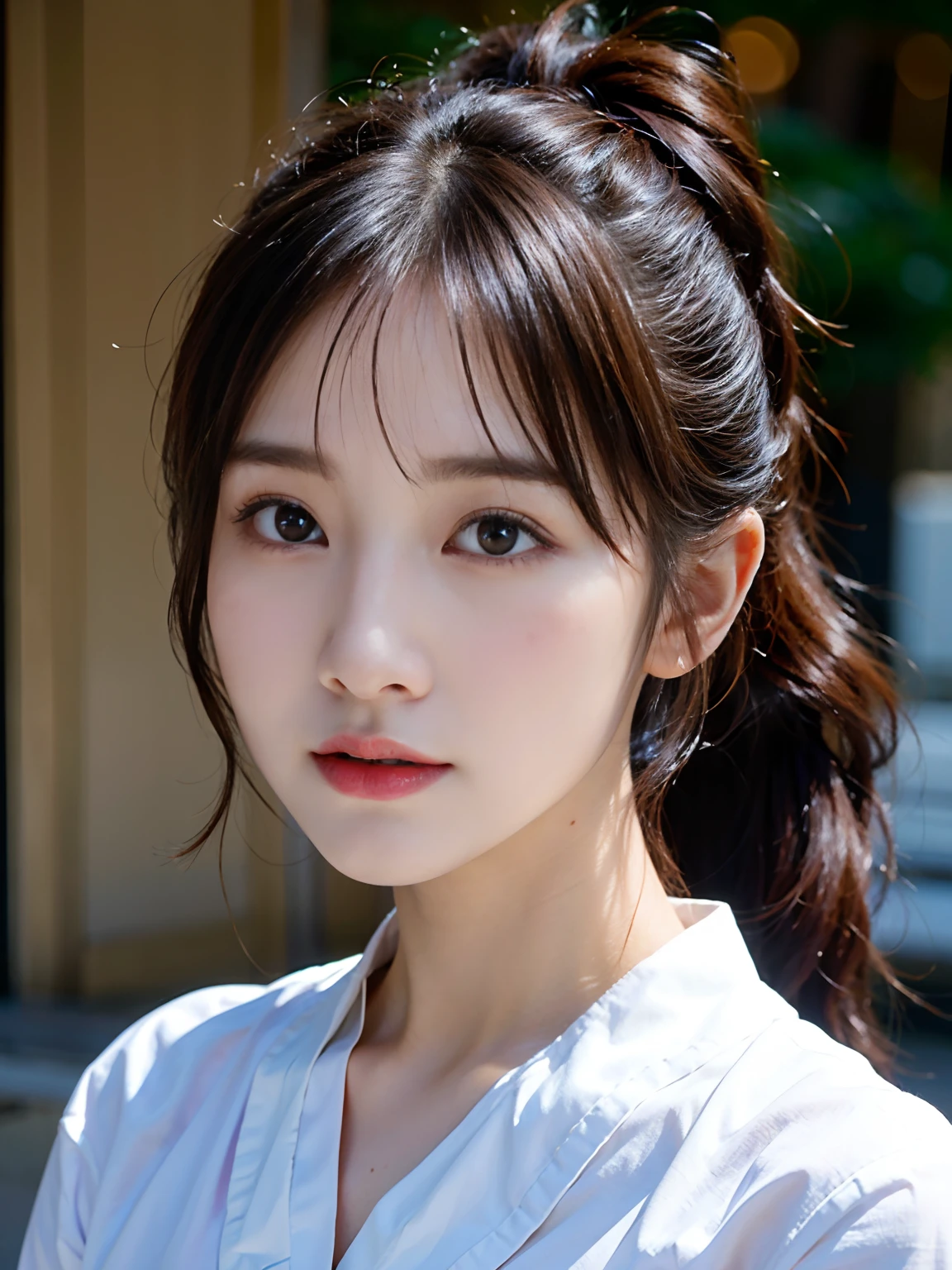 Close-up of a woman in a white shirt and ponytail, Realistic. Cheng Yi, beautiful Korean women, beautiful portrait image, gorgeous face portrait, Stunning anime face portrait, Korean girl, high quality portrait, beautiful delicate face, photorealistic beautiful face, Beautiful young Korean woman, Beautiful realistic face, cute delicate face, portrait cute-fine-face