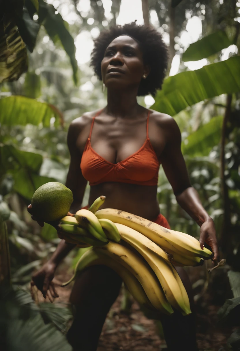 Photorealistic photography of an African woman with gigantic breasts weighing 200 kg of muscles with very sculpted abs, big shoulders and very muscular legs, dressed like an indigenous while picking a banana from a tree in the jungle of the Congo on a magnificent sunny day