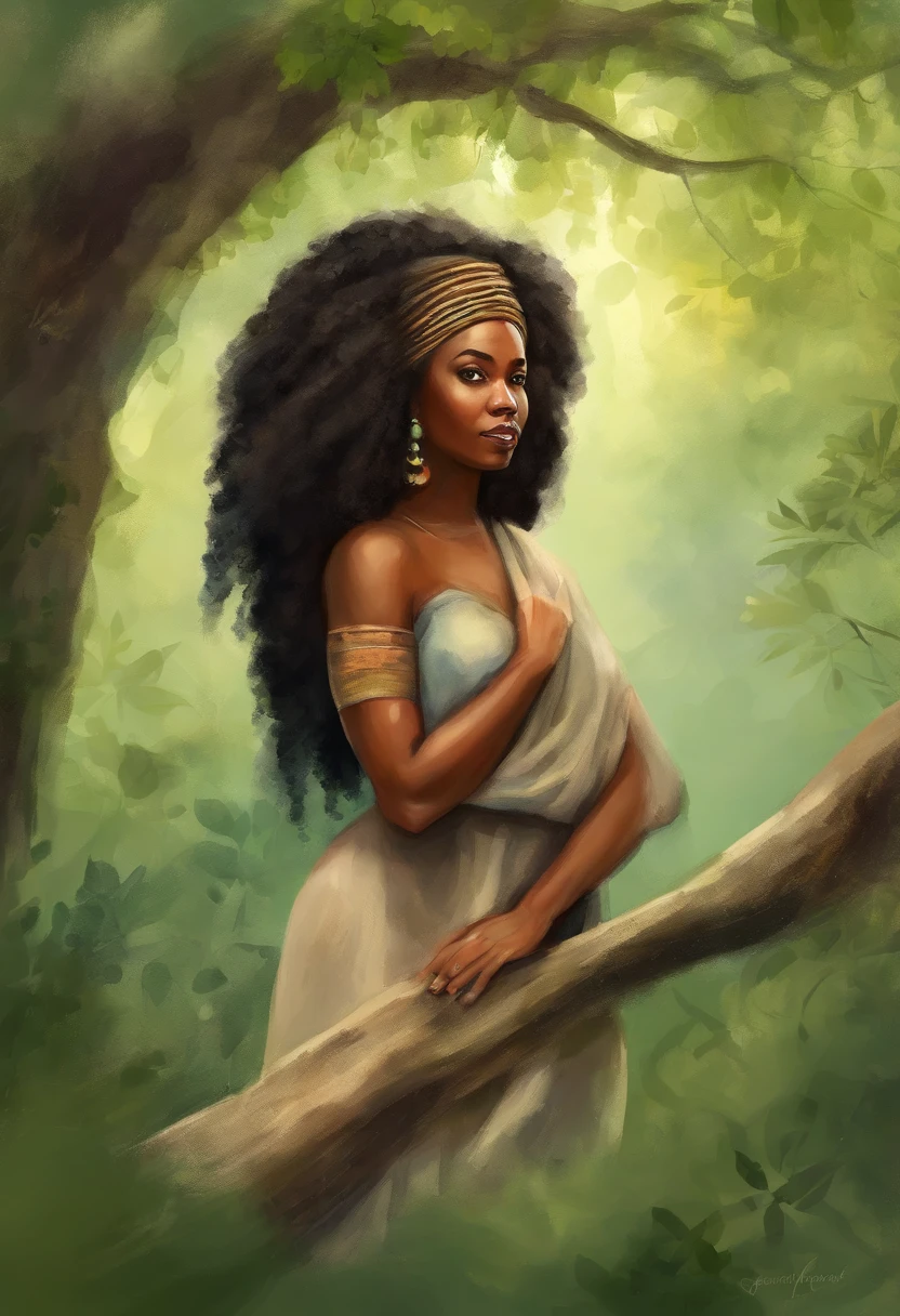 1 garota afro-americana, bombeira, Forest of green trees, cercado pela chuva, illustration style, motion blur, long full-body exposure, exquisite facial features, Chinese styleink style, estilo de artes marciais, Foco seletivo, panorama, (Bokeh:1.5)