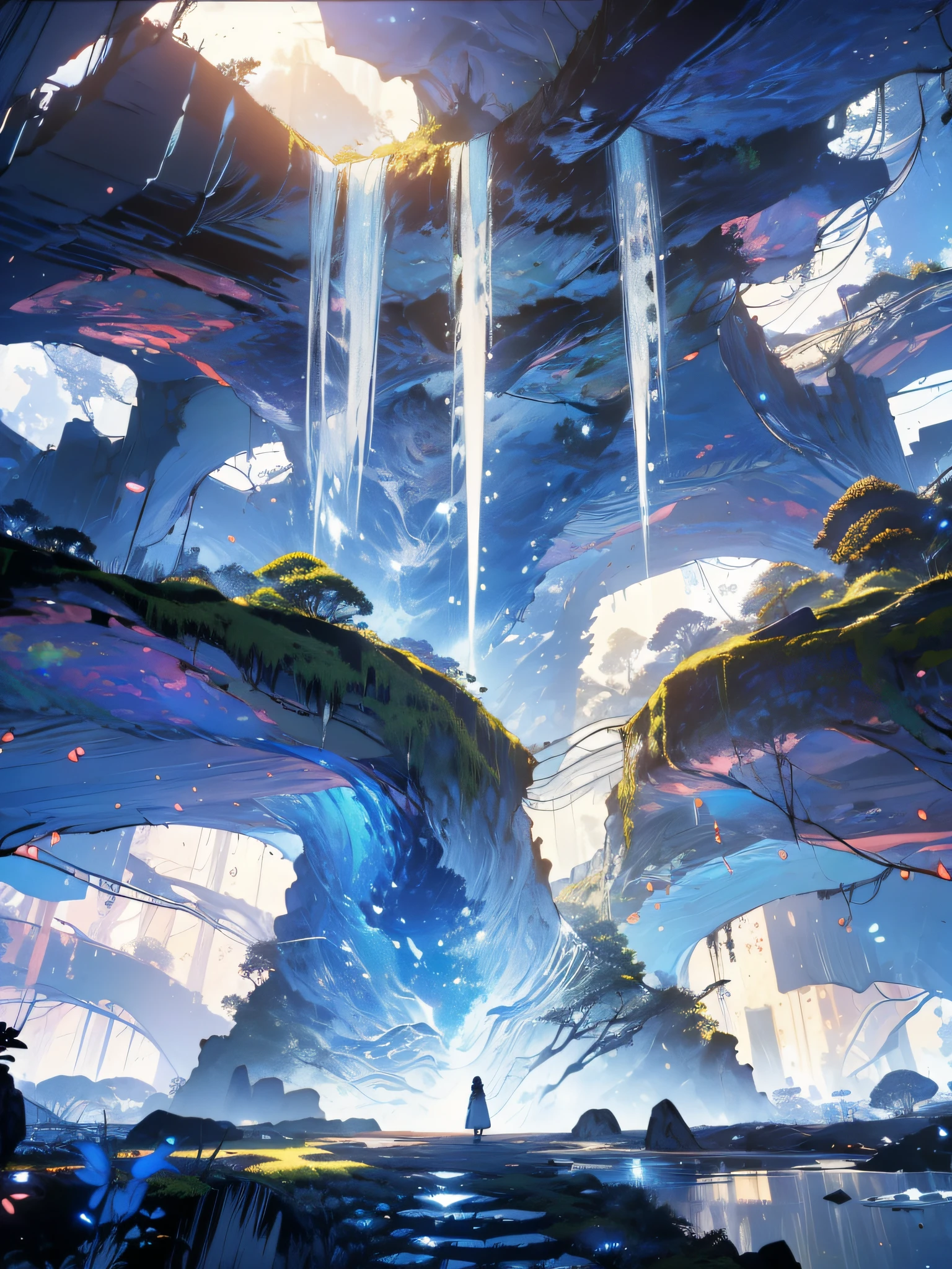 Cave with an opening at the top overlooking the sky, crystal clear lake inside the cave, perfect side vegetation, sun rays entering through the opening at the top of the cave, surprising rock formation, Melisani Cave, (ultra-realistic), {wallpaper of extremely detailed 8k CG unit}, expansive landscape photography, (a centered view that prioritizes the sky and the entire environment, wide open field view), (low angle shot), (high light: 2.0), (light low: 1.0), (warm light source: 1.5), complex details, (iridescent colors: 1.5), (bright lighting), (atmospheric lighting), dreamy, landscape, beauty