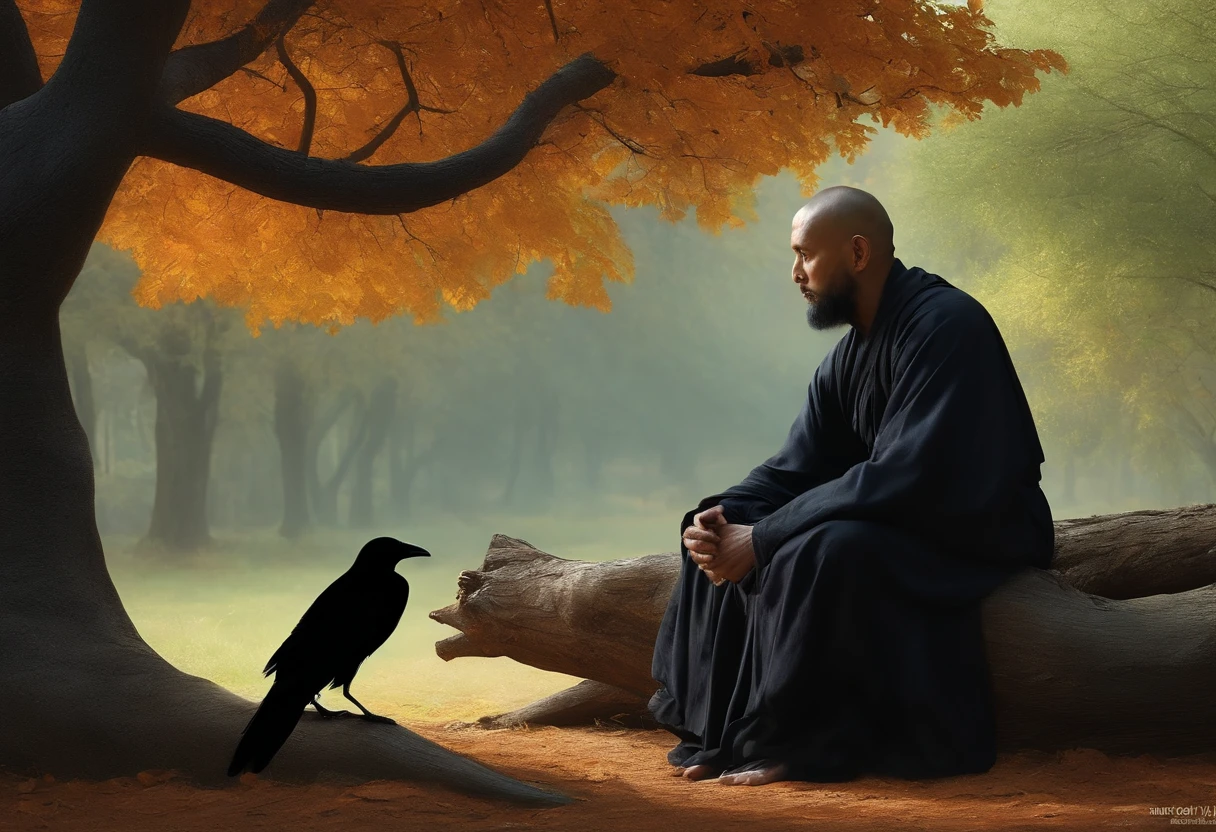 Realistic image of a monk centered under a tree: the monk is a wise lord and talks to a very sad crow, the crow is on a tree branch and the monk sitting under the tree;. Average image zom.