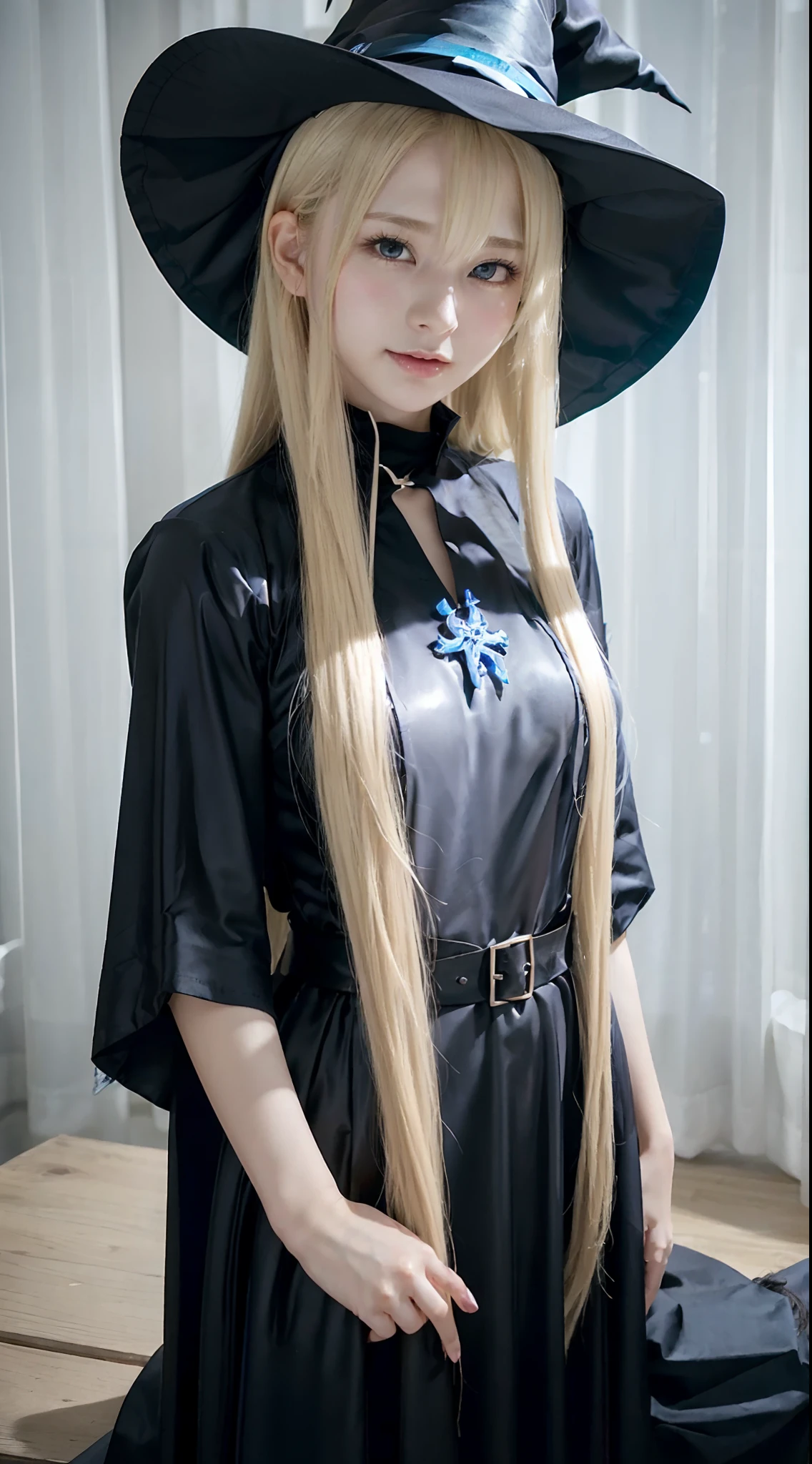 Sexy and very beautiful cute face、shiny beautiful skin、White beautiful skin、Beautiful pale light blue eyes, Beautiful very long blonde hair、(Blonde hair:1.3)、Sexy swaying bangs、18 years old cute little face beautiful girl、Inner shirt,Witch Cosplay、Black Inner Shirt、thick black robes、(Witch Cosplay:1.2)、(dynamicposes:1.4)、