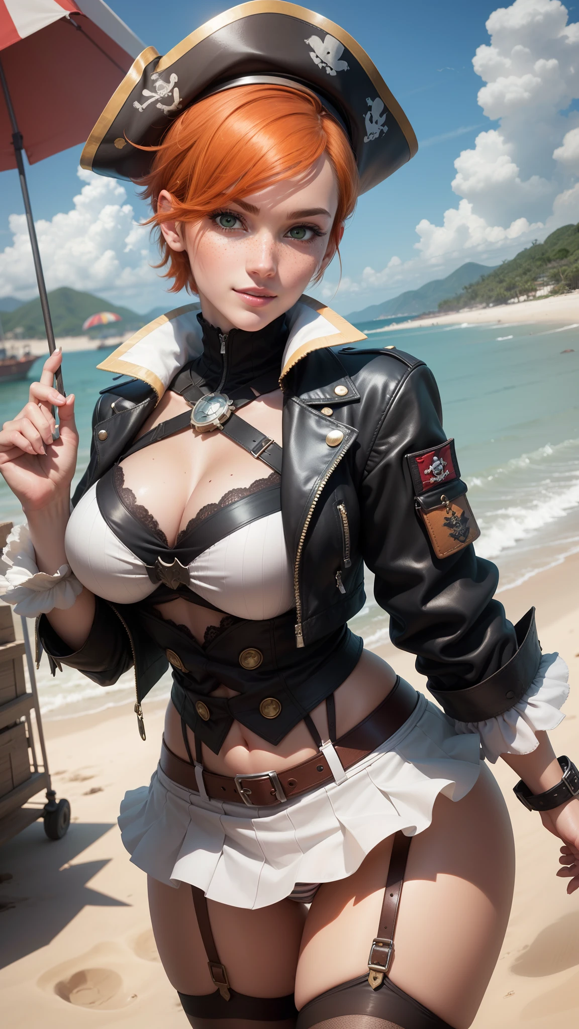 gwen tennyson,tracer,yorha 2b,rebecca chambers,pirate outfit,beach,teenager, green eyes,garter belt,striped panties,short hair,orange hair,pirate ship,shy smile,ginger,white striped top,micro skirt,freckles,redhead,pirate jacket,beautiful girl,stockings,large breasts,ultra detailed,realistic,