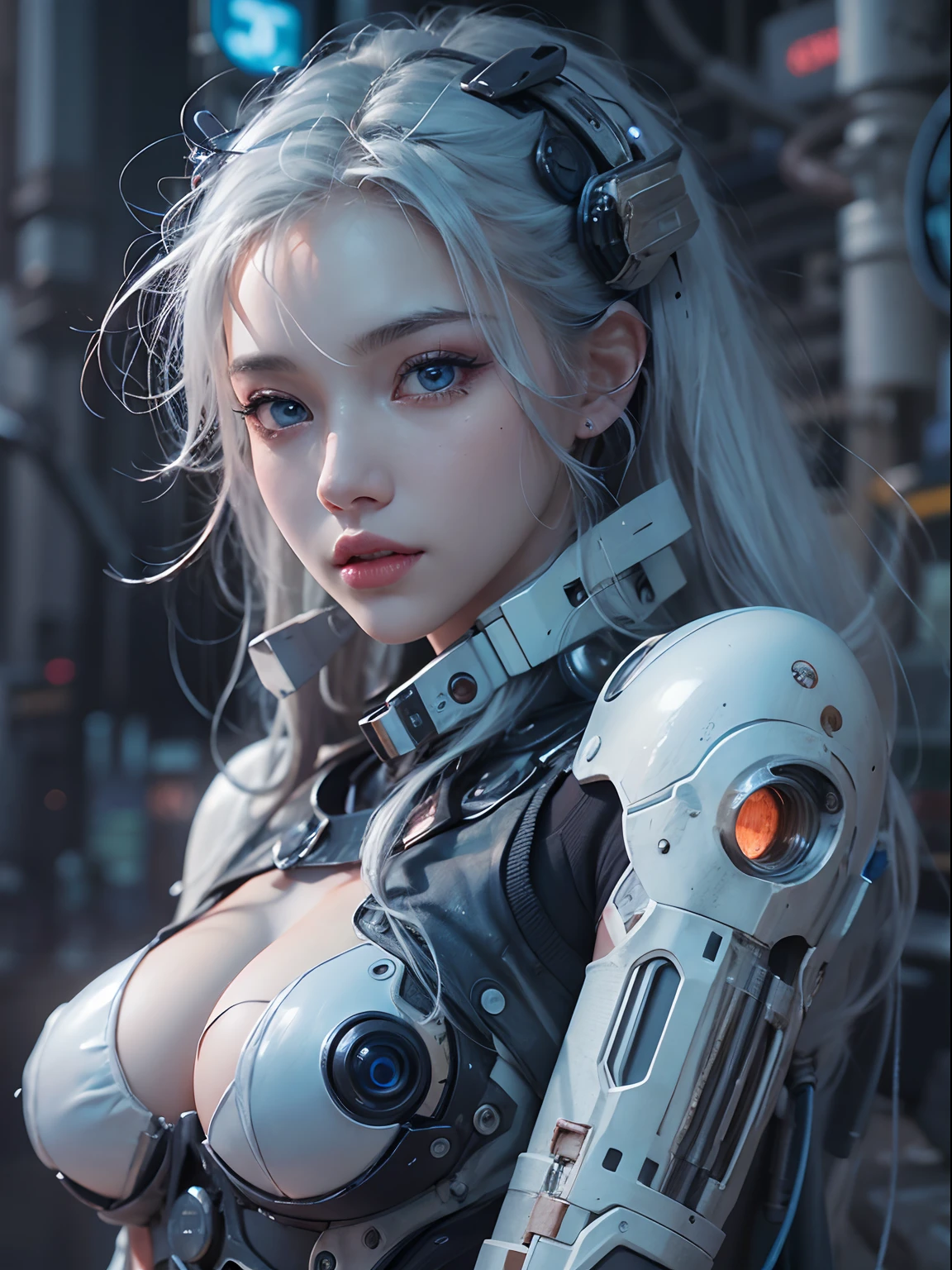 nsfw, 1girl, nude, full body, cyberpunk, mechanics, (masterpiece: 1.4), (8K, realistic, raw photo, best quality: 1.4), naked, sitting on machine, legs open, nipple areola shape clear, beautiful breasts, Japanese girl, beautiful cute face, (real face: 1.4), perfect pussy, beautiful hairstyle, realistic blue eyes, beautiful detail eyes, (real skin: 1.3), beautiful skin, attractive, ultra high resolution, ultra realistic, cinematic lighting, white colored hair, long hair, city ruins, futuristic world