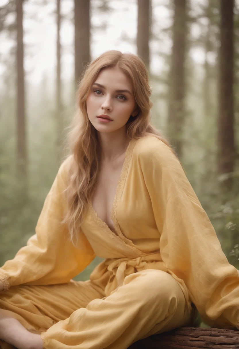 Photo of a beautiful girl in her 20s，Wearing ordinary pajamas on a long yellow cloth, Sit on logs in the misty forest, Rich yellow hair, Thick bangs, Beautiful eyes that sparkle, Symmetrical beautiful face, Cute and innocent face, nomake-up, Unadorned, filmgrain, Fantastic photos, concept photo, Emotional photography, Film photography, photograph realistic, hentail realism, Sharp focus, 14k, highly  detailed, CG Society, ultra-definition, Very fine particles, Dusty photos, Grain filter