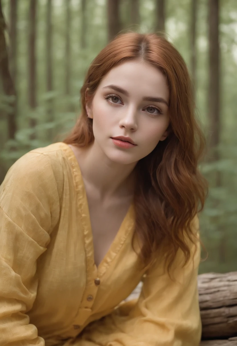 Photo of a beautiful girl in her 20s,Wearing ordinary pajamas on a long yellow cloth, Sit on logs in the misty forest, Rich yellow hair, Thick bangs, Beautiful eyes that sparkle, Symmetrical beautiful face, Cute and innocent face, nomake-up, Unadorned, filmgrain, Fantastic photos, concept photo, Emotional photography, Film photography, photograph realistic, hentail realism, Sharp focus, 14k, highly detailed, CG Society, ultra-definition, Very fine particles, Dusty photos, Grain filter