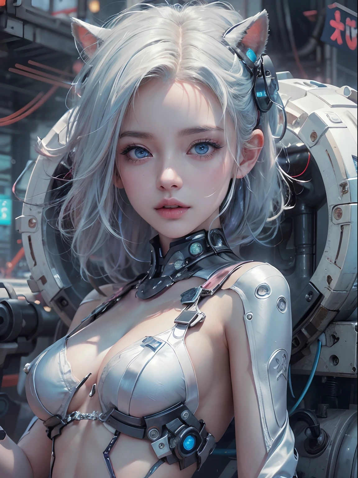 nsfw, 1girl, nude, full body, cyberpunk, mechanics, (masterpiece: 1.4), (8K, realistic, raw photo, best quality: 1.4), naked, sitting on machine, legs open, nipple areola shape clear, beautiful breasts, Japanese girl, beautiful cute face, (real face: 1.4), perfect pussy, beautiful hairstyle, realistic blue eyes, beautiful detail eyes, (real skin: 1.3), beautiful skin, attractive, ultra high resolution, ultra realistic, cinematic lighting, white colored hair, long hair, city ruins, futuristic world
