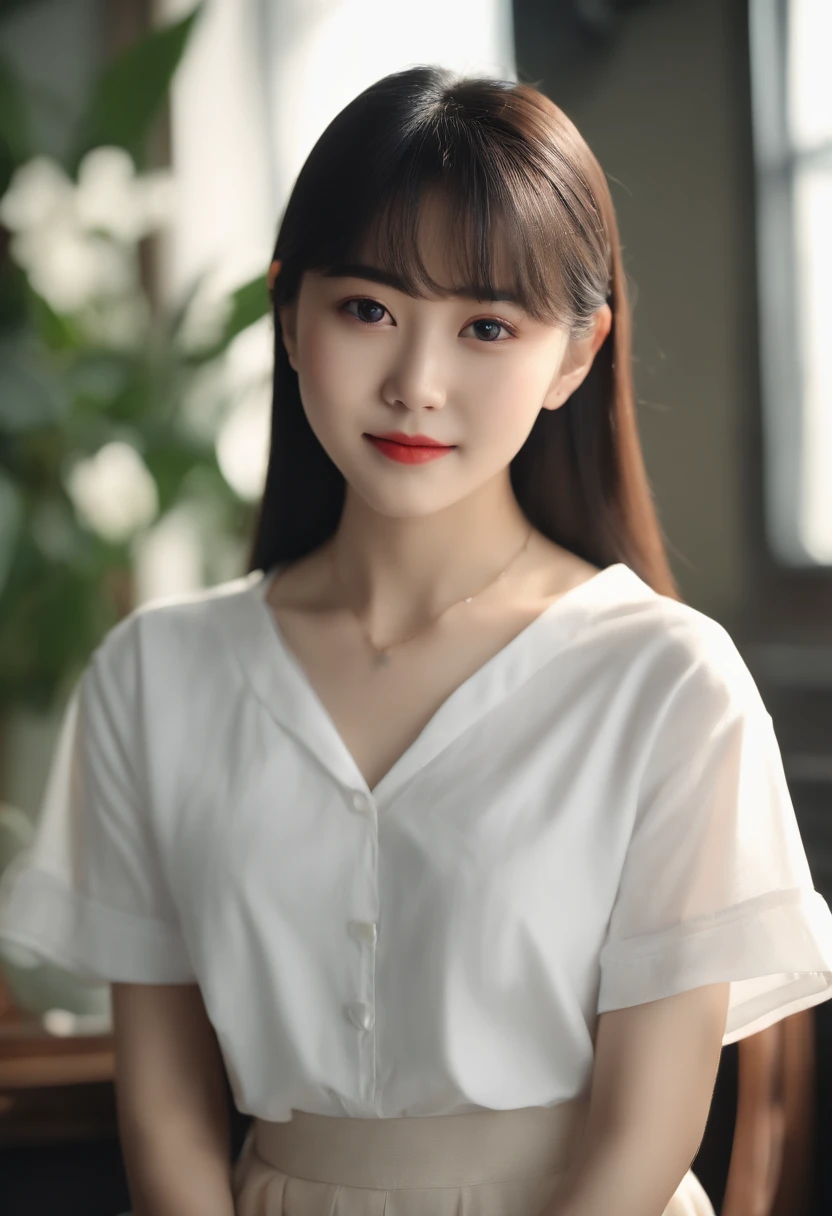 top-quality, Photorealsitic, masterpiece, 8K, Hi-Res, 独奏, 1girl, (((infp young woman))),、full bodyesbian、(small tits), ((Look at viewers)), (look at a camera), ((Various hairstyles close to long))、Perfect straight black hair、With bangs、 (profetional lighting), Highly detailed bright face、Gentle Japan girl、Nice smiling face、White T-shirt(long-sleeve)、Checked pleated skirt、Standing in the room
