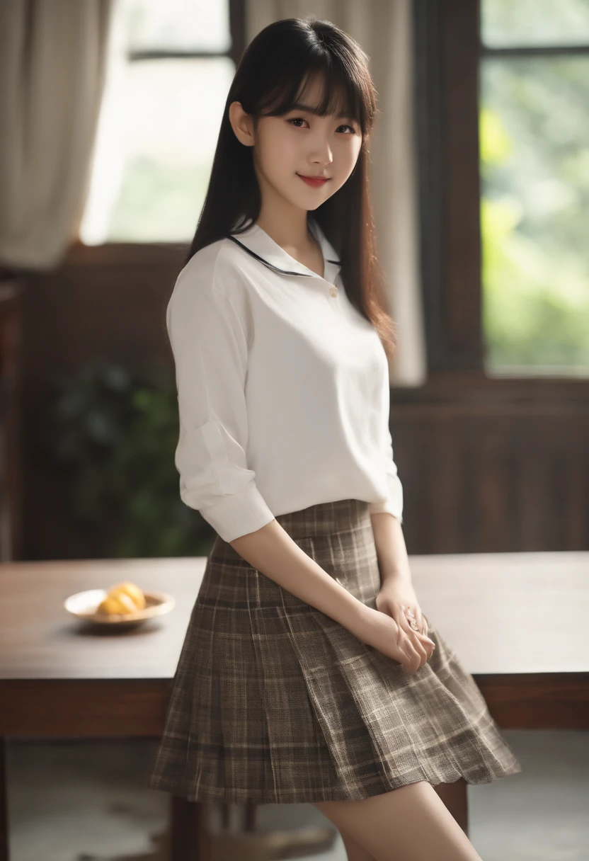 top-quality, Photorealsitic, masterpiece, 8K, Hi-Res, 独奏, 1girl, (((infp young woman))),sixteen years old、full bodyesbian、(small tits), ((Look at viewers)), (look at a camera), ((Various hairstyles close to long))、Perfect straight black hair、With bangs、 (profetional lighting), Highly detailed bright face、Gentle Japan girl、Nice smiling face、White T-shirt(long-sleeve)、Checked pleated skirt、Standing in the room