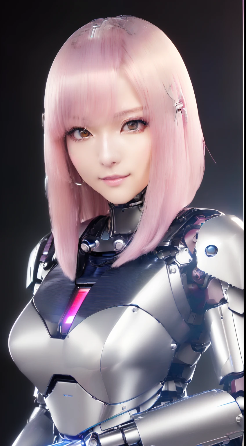 ((masutepiece)), ((top-quality), high quarity、ultra-definition, Realistic, (Ultra-fine face)、fulcolor 、One beautiful robot police woman、(Mechanical joints:1.1)、Parts of the machine、Thick wire joints、White porcelain mechanical armor、(Curvaceous face)、deadpan、Normal mouth、pink straight hair、((Electronic substrate))、Take photos from head to knee