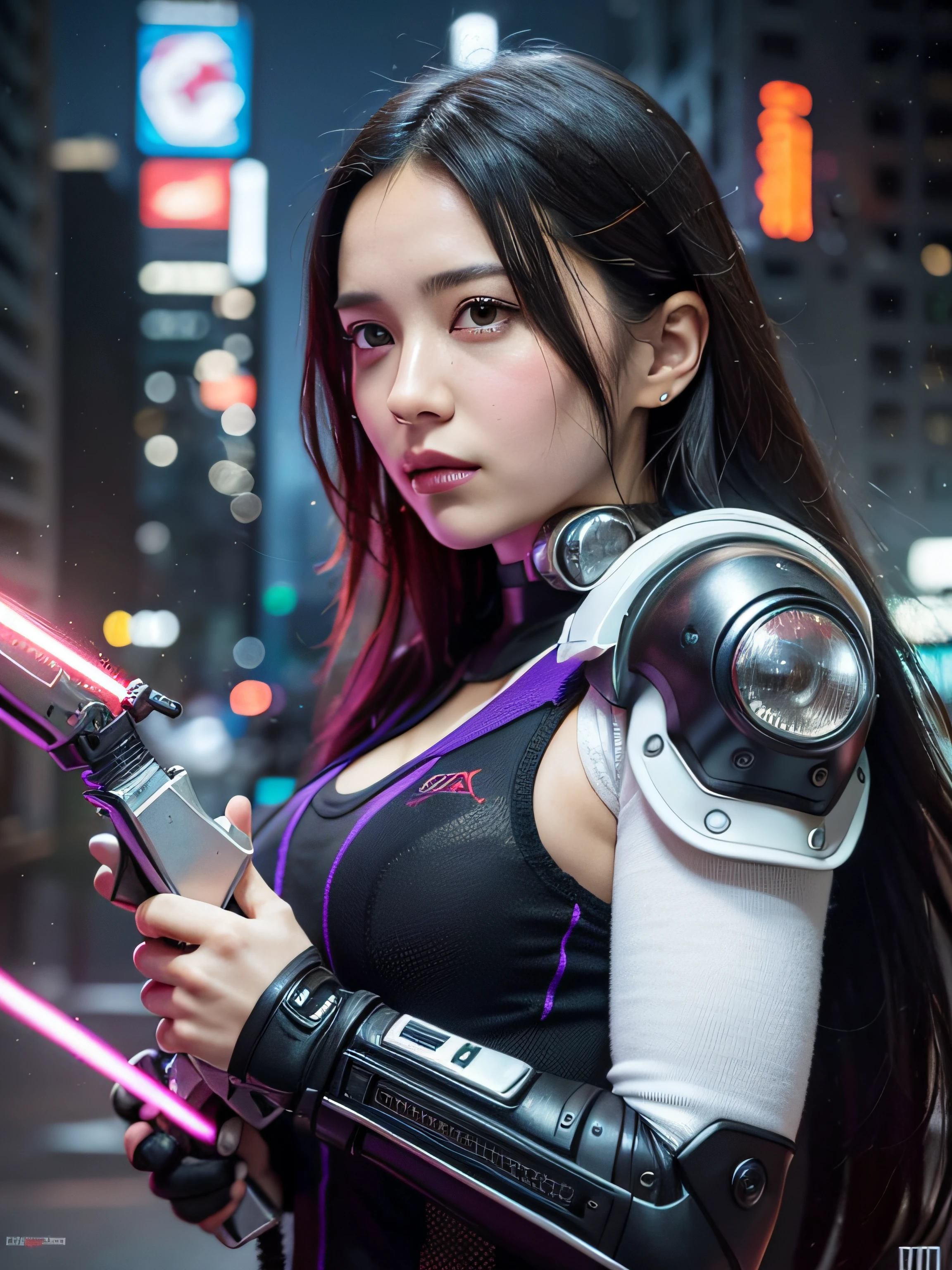Beautiful woman, Anti-hero in black and purple uniform, Laser sword in hand, White skin, Long Black Hair, Portrait, Jeff Bridges, ((Cartoon style)), Marvel Cinematic Universe Style, (((cyberpunk city in the background))), Soft bokeh of the futuristic city, Atey Ghailan, Jeremy Mann, Greg Manchess, Antonio Moro, Trending in art stations, CGsociety trend, Convoluted, high detailing, Sharp Focus, Mid-Journey and dramatic and photorealistic pictorial art by Greg Rutkowski, Bokeh in the background