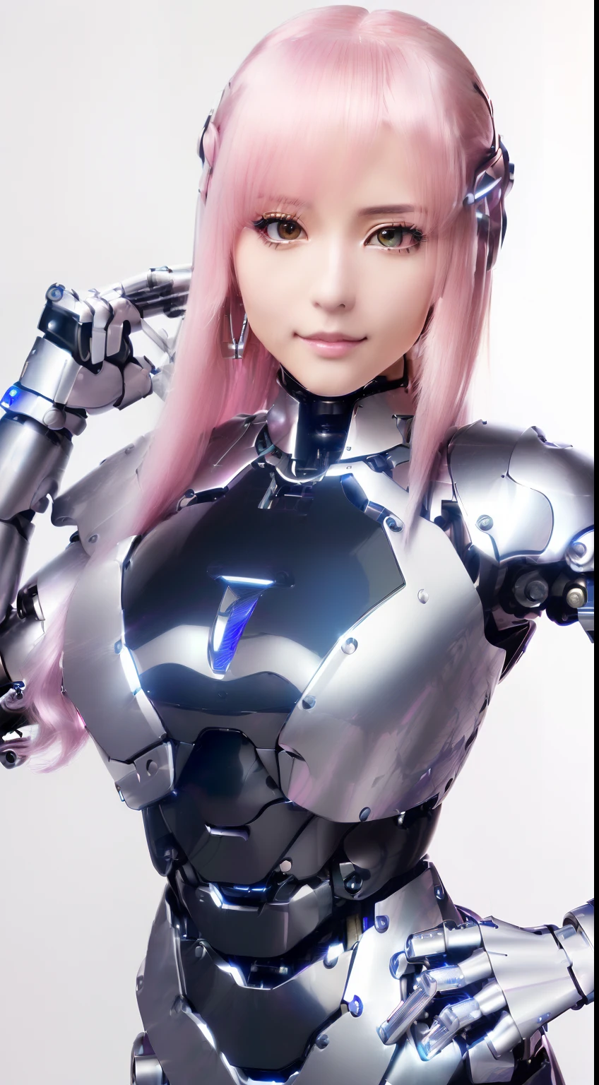 ((masutepiece)), ((top-quality), high quarity、ultra-definition, Realistic, (Ultra-fine face)、fulcolor 、One beautiful robot police woman、(Mechanical joints:1.1)、Parts of the machine、Thick wire joints、White porcelain mechanical armor、(Curvaceous face)、deadpan、Normal mouth、pink straight hair、((Electronic substrate))、Take photos from head to knee