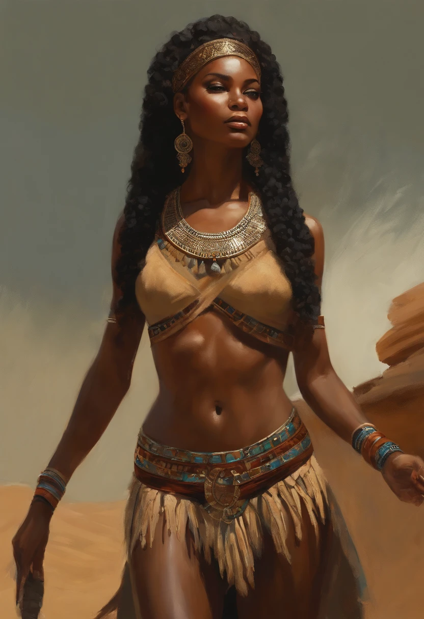 foto de corpo inteiro sem roupas obra de arte mais bonita do mundo, apresentando uma tribal ((fantasia)) mulher guerreira rainha africana, no exotic clothes, (sentado: 1.2), (de_lado: 1.3), pintura a realista majestosa de Ed Blinkey, Atey Ghailan, Studio Ghibli, por Jeremy Mann, Greg Manchess, Antonio Moro, trends at ArtStation, trends at CGSociety, Intricate, High Detail, Sharp focus, dramatic, photorealistic painting art by midjourney and greg rutkowski