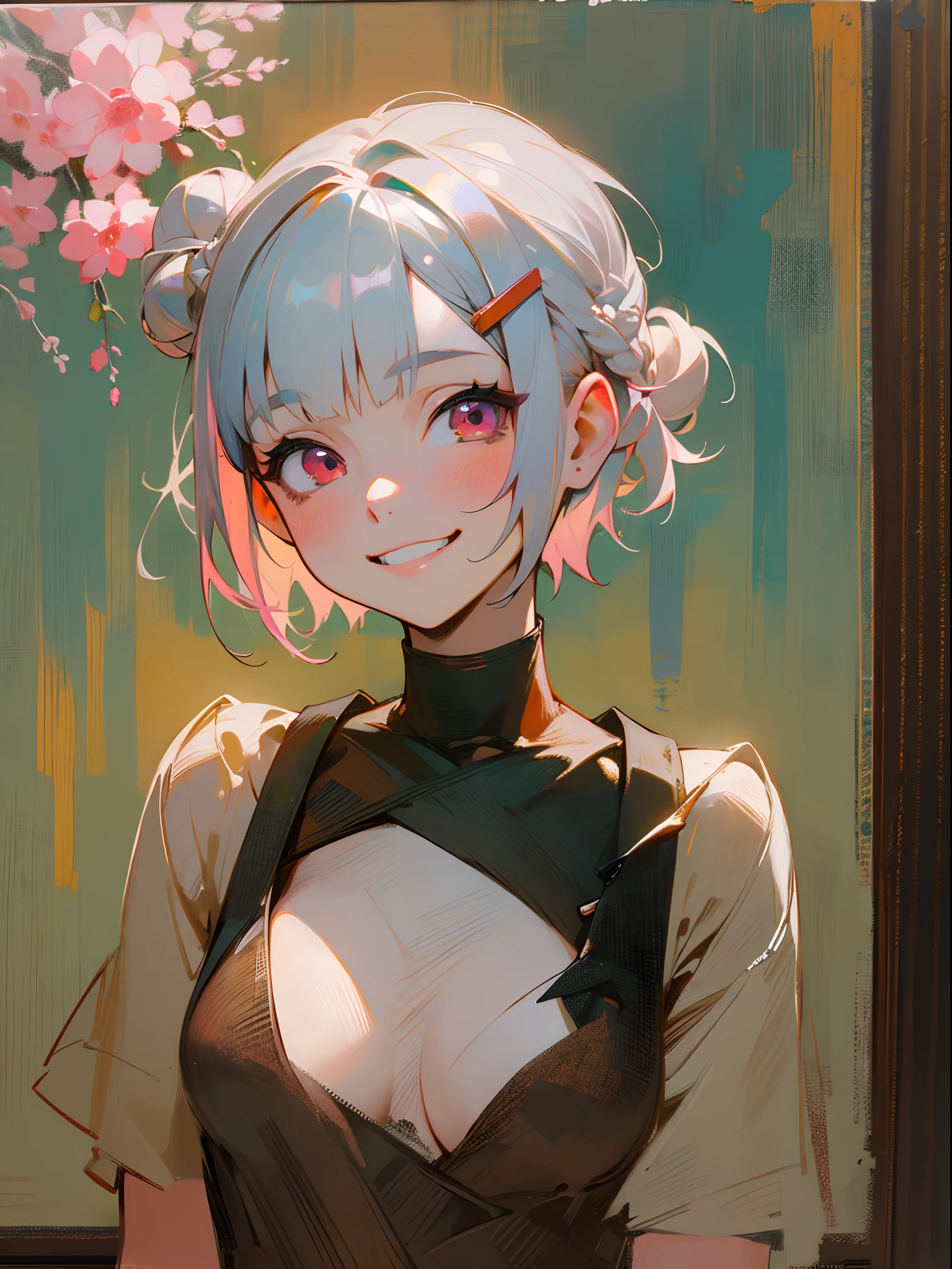 female high-school student、Short hair with silver bob styled in a bun with hair clip, Pink eyes、cheeky grin、NSFW、impressionistic、((Oil painting by John Burkey))brushstrokes、negative space、Green and orange tones