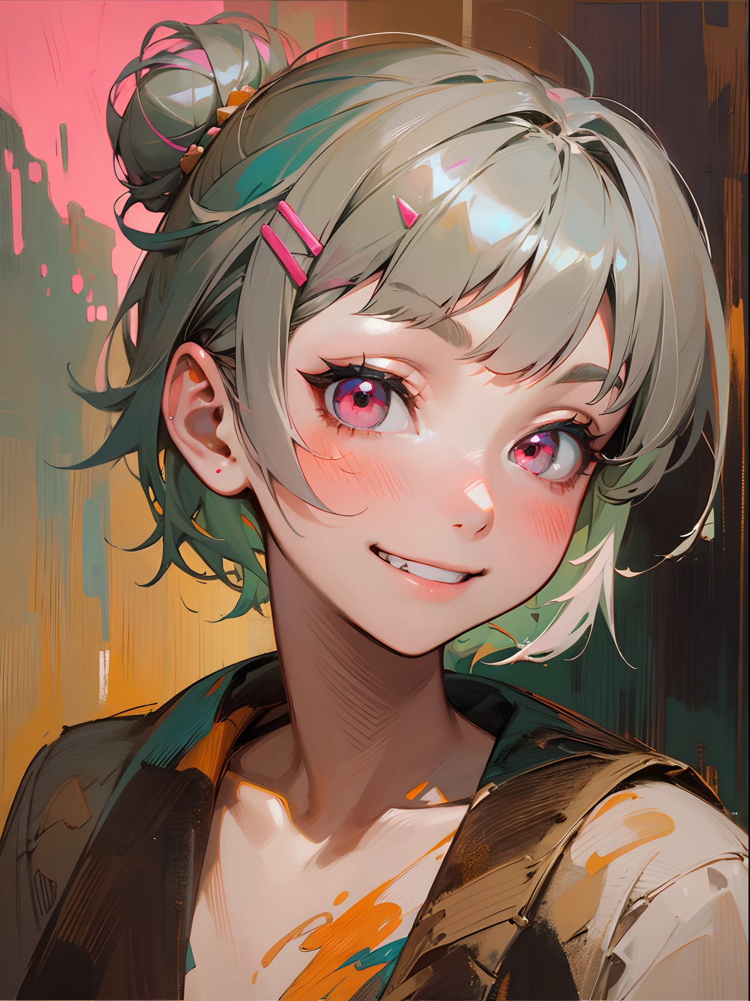 female high-school student、Short hair with silver bob styled in a bun with hair clip, Pink eyes、cheeky grin、NSFW、impressionistic、((Oil painting by John Burkey))brushstrokes、negative space、Green and orange tones