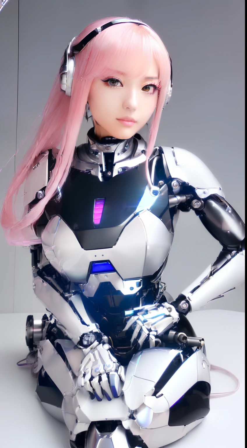 ((masutepiece)), ((top-quality), high quarity、ultra-definition, Realistic, (Ultra-fine face)、fulcolor 、One beautiful robot police woman、(Mechanical joints:1.1)、Parts of the machine、Thick wire joints、White porcelain mechanical armor、(Curvaceous face)、deadpan、Normal mouth、pink straight hair、((Electronic substrate))、Take photos from head to knee