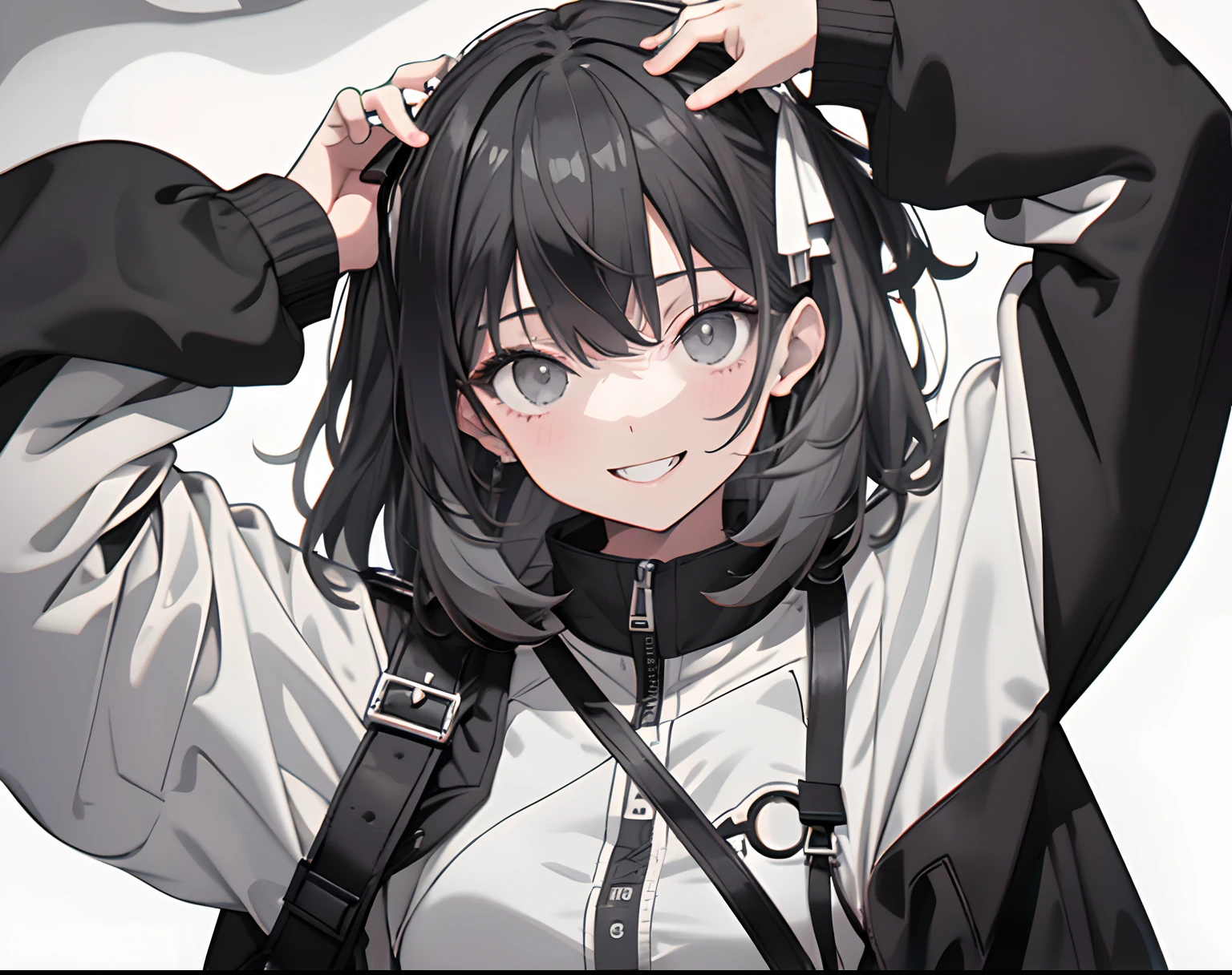 Highest Quality, masutepiece】 [girl, Manteau, expressioness, Black eyes, front facing, Black hair, Walking, Upper body] (Gray white background:1.7), Smile with teeth