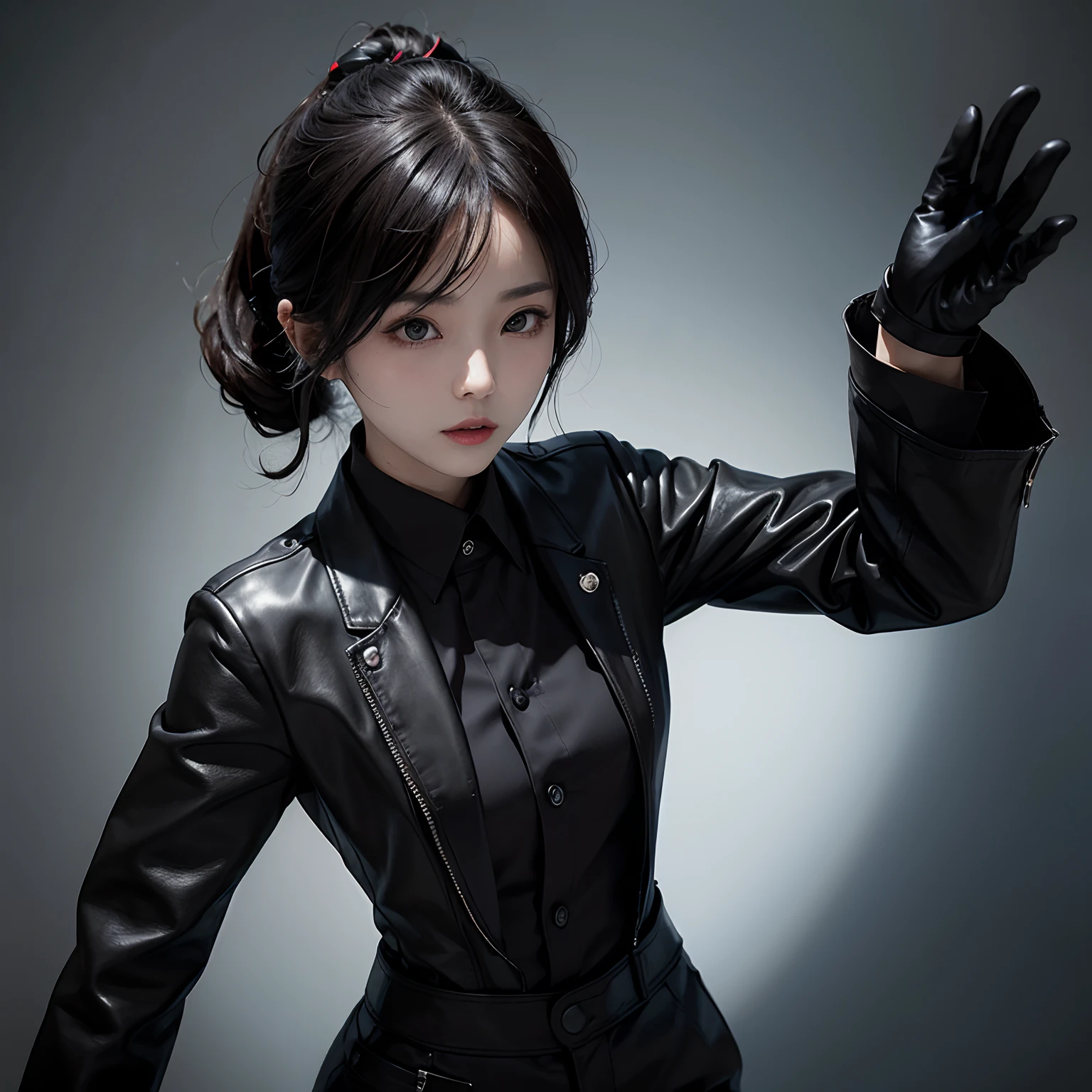 A Japanese woman with black leather gloves wearing a black men's three-piece suit with a black shirt