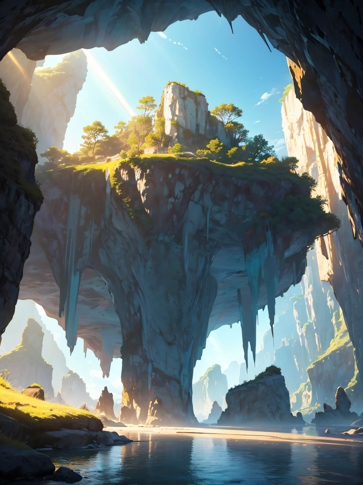 Cave with an opening at the top overlooking the sky, crystal clear lake inside the cave, perfect side vegetation, sun rays entering through the opening at the top of the cave, surprising rock formation, Melisani Cave, (ultra-realistic), {wallpaper of extremely detailed 8k CG unit}, expansive landscape photography, (a centered view that prioritizes the sky and the entire environment, wide open field view), (low angle shot), (high light: 2.0), (light low: 1.0), (warm light source: 1.5), complex details, (iridescent colors: 1.5), (bright lighting), (atmospheric lighting), dreamy, landscape, beauty