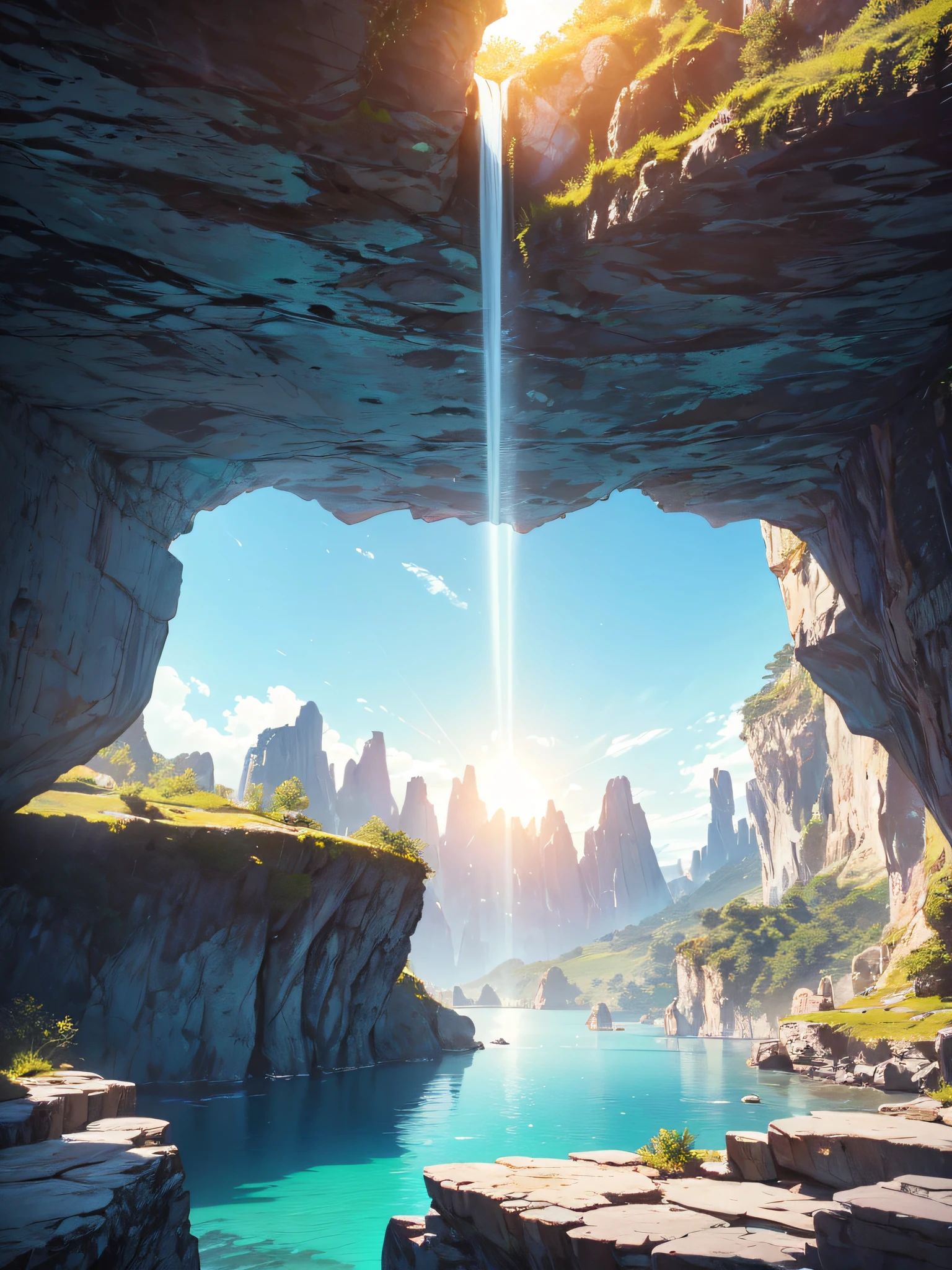 Cave with an opening at the top overlooking the sky, crystal clear lake inside the cave, perfect side vegetation, sun rays entering through the opening at the top of the cave, surprising rock formation, Melisani Cave, (ultra-realistic), {wallpaper of extremely detailed 8k CG unit}, expansive landscape photography, (a centered view that prioritizes the sky and the entire environment, wide open field view), (low angle shot), (high light: 2.0), (light low: 1.0), (warm light source: 1.5), complex details, (iridescent colors: 1.5), (bright lighting), (atmospheric lighting), dreamy, landscape, beauty