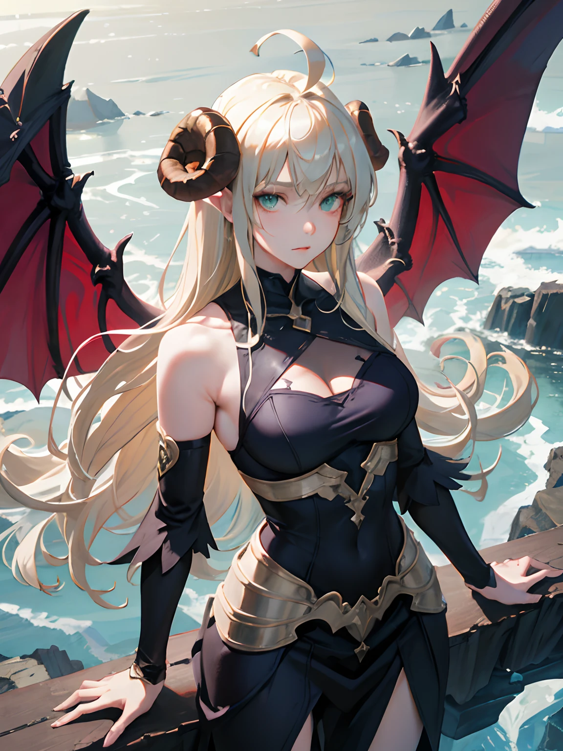 ((masterpiece, best quality)), (1girl), (solo), (female focus), (ahoge, ash blonde hair, long hair), green eyes, arms behind back, bat wings on the waist, sheep horns, sad eyes, cold facial expression, cold look, dark long tight clothes, pale skin, colour grading, dark illustration, extreme quality, radiant, extremely detailed, ultra-detailed face, ultra hd 8k, ultra digitality, mythical, dark lightning, perfect face, beautiful, (perfect composition: 1. 4), detailed face and body, award-winning photography , fields, detailed face, detailed hands, looking at the viewer, cinematic lighting, embers, fantasy background, water splashes, foggy haze, (holy maiden), (saint), faux traditional media