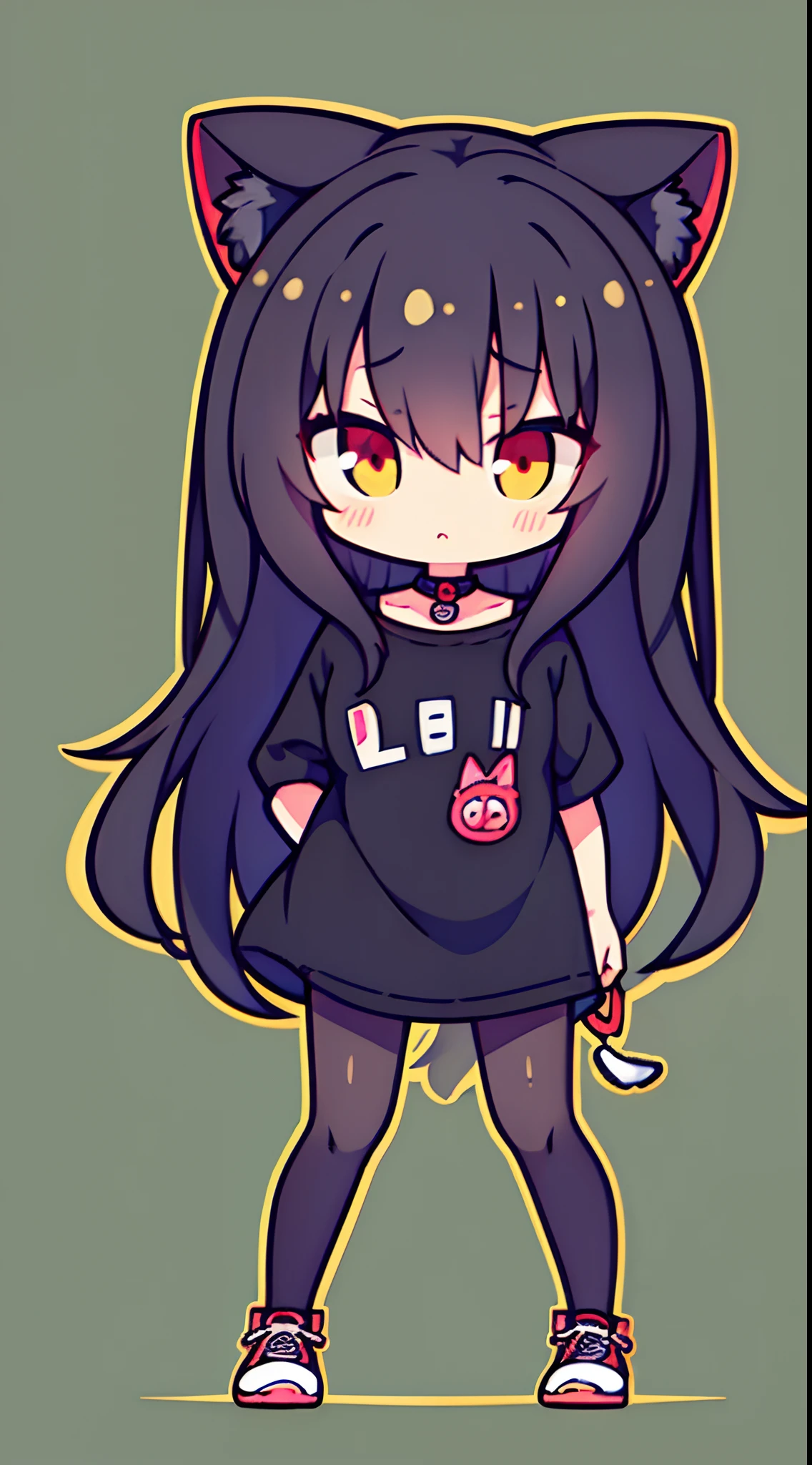 (Best Quality,4K,High resolution), Feminization of black cats,Cat's ears,Cat Ear Headphones,Red long hair,Big eyes,sharp eye,Cold eyes,glares,Cool Woman,Cat tail,Comical illustration,Vivid color scheme,colourfull,Deformed design,Comical look,kawaii