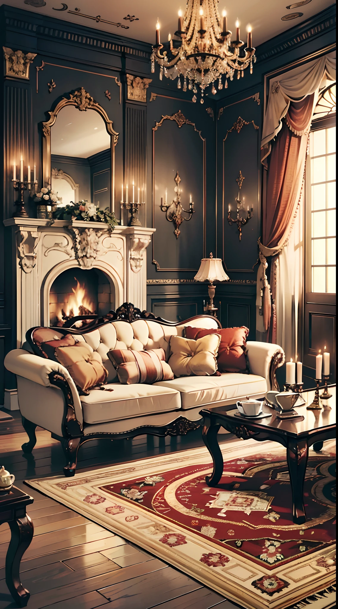 Photography, sofa, tea table, ( living room), curtains, waxy candles, decorations, wooden floor, carpet, fireplace