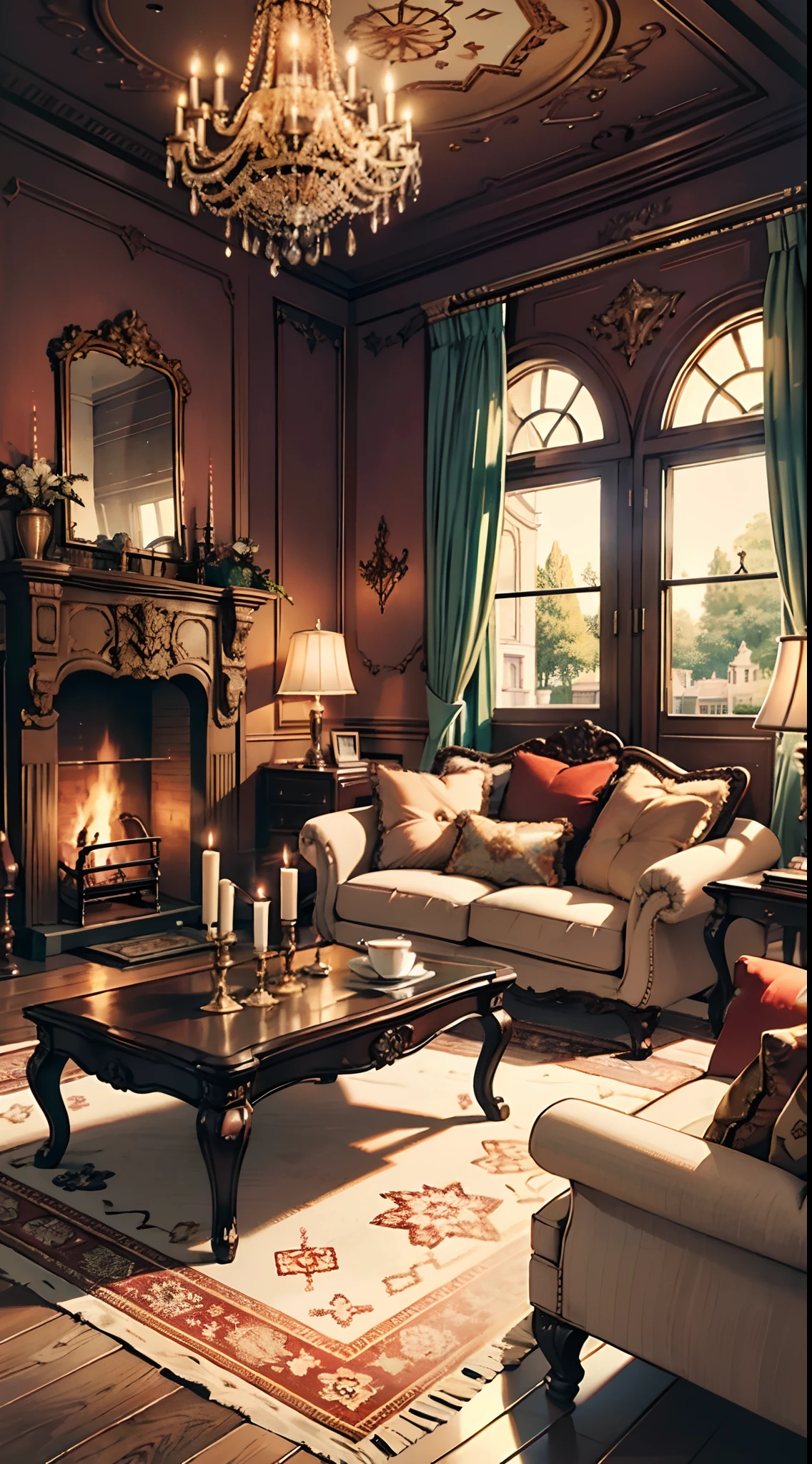 Photography, sofa, tea table, ( living room), curtains, waxy candles, decorations, wooden floor, carpet, fireplace