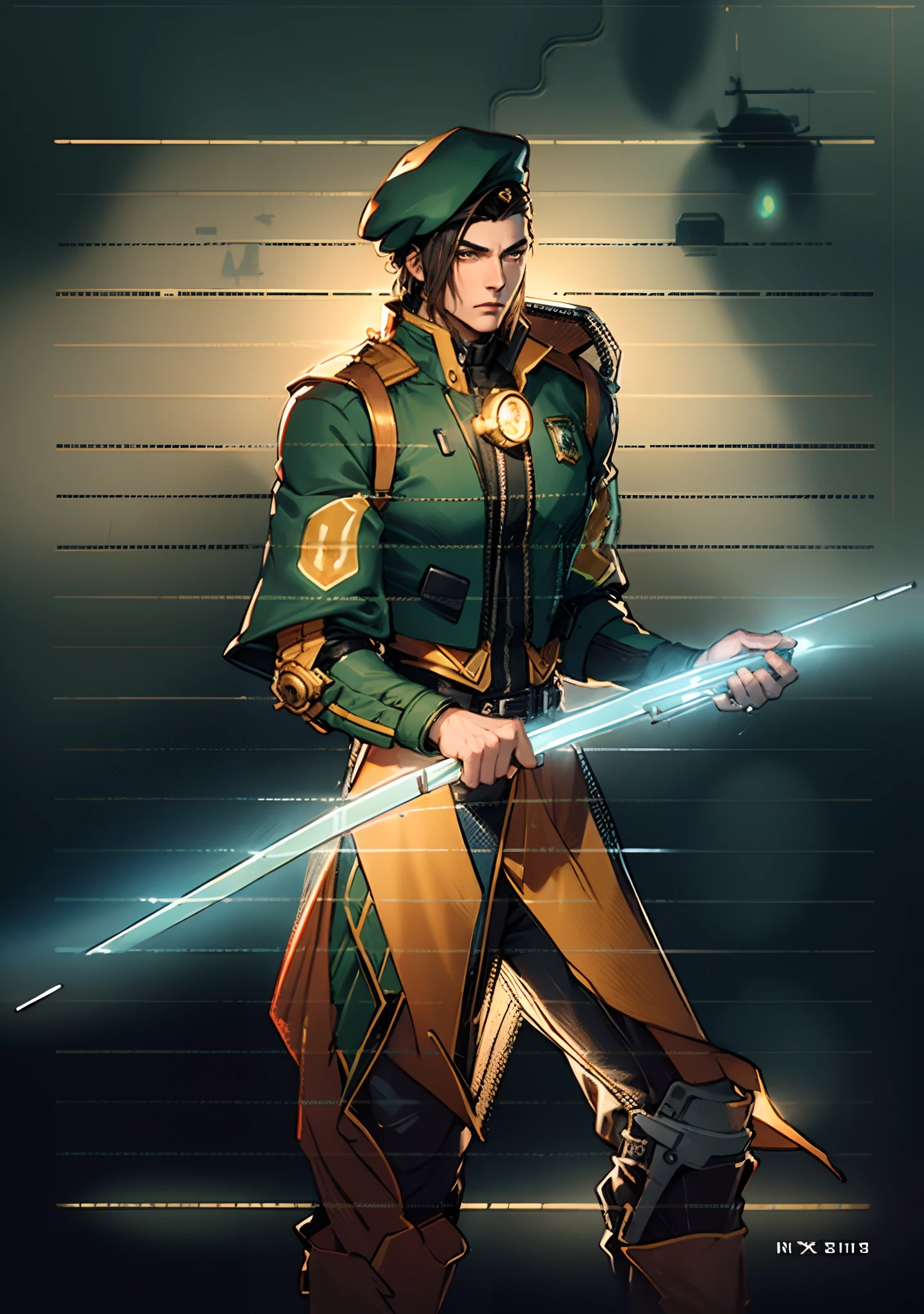 1 man, a man with black short hair, a beret on his head, icy and resolute eyes, a refined face, no expression, wears a two-piece futuristic military-style outfit, tall and slender, wears a light-colored Chinese-style undershirt, a short cape, primarily in shades of green and white, accented by touches of red and yellow, wears dark pants, holds a futuristic-style long metal rod in his hands, set within the futuristic sci-fi atmosphere of a spaceship, this character embodies a finely crafted a futuristic sci-fi military officer in anime style, characterized by an exquisite and mature manga illustration art style, high definition, best quality, highres, ultra-detailed, ultra-fine painting, extremely delicate, professional, anatomically correct, symmetrical face, extremely detailed eyes and face, high quality eyes, creativity, RAW photo, UHD, 8k, Natural light, cinematic lighting, masterpiece:1.5