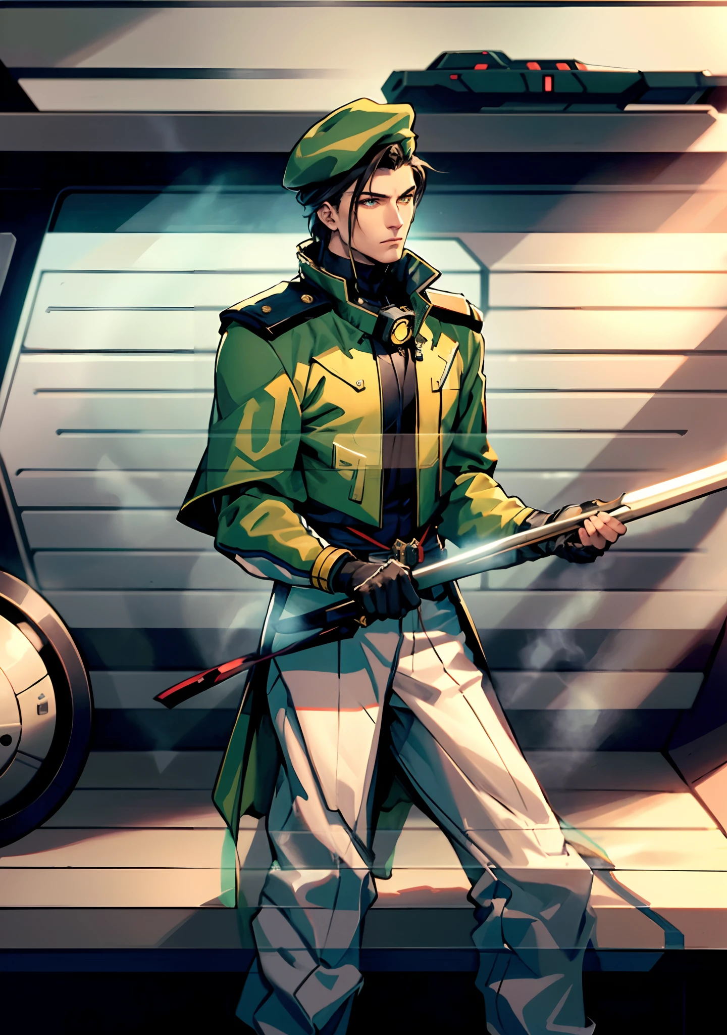 1 man, a man with black short hair, a beret on his head, icy and resolute eyes, a refined face, no expression, wears a two-piece futuristic military-style outfit, tall and slender, wears a light-colored Chinese-style undershirt, a short cape, primarily in shades of green and white, accented by touches of red and yellow, wears dark pants, holds a futuristic-style long metal rod in his hands, set within the futuristic sci-fi atmosphere of a spaceship, this character embodies a finely crafted a futuristic sci-fi military officer in anime style, characterized by an exquisite and mature manga illustration art style, high definition, best quality, highres, ultra-detailed, ultra-fine painting, extremely delicate, professional, anatomically correct, symmetrical face, extremely detailed eyes and face, high quality eyes, creativity, RAW photo, UHD, 8k, Natural light, cinematic lighting, masterpiece:1.5