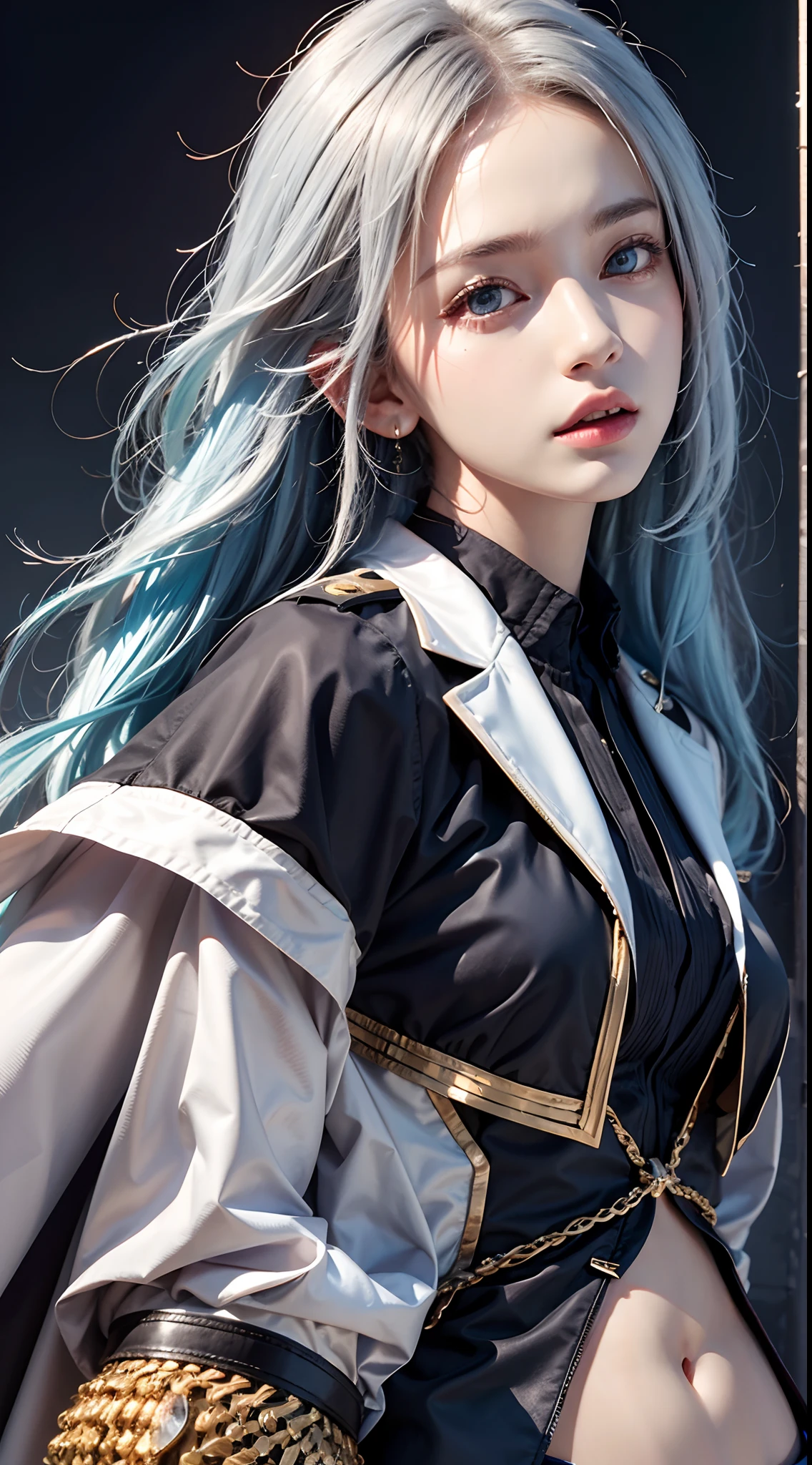 photorealistic, high resolution, soft lights, 1women, solo, hips up, blue eyes, white long hair, military uniform, jacket, shirt, skirt